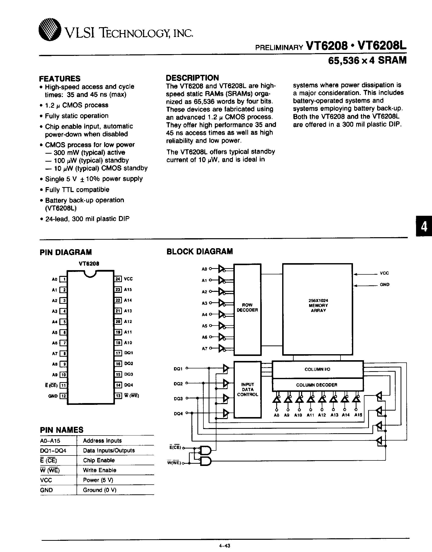 Datasheet VT6208 - 65536 x 4 SRAM page 1