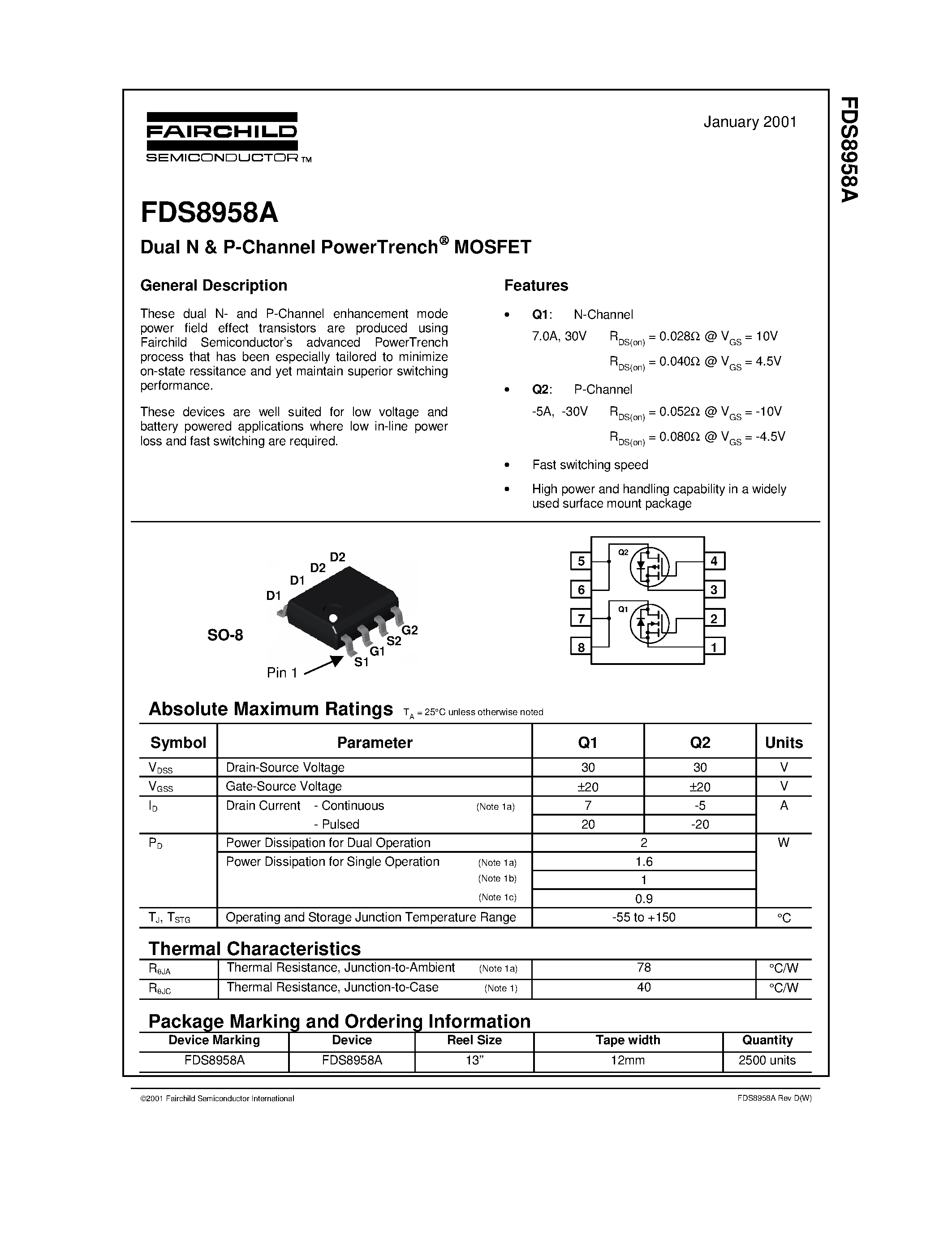 Datasheet FDS8958A - Dual N & P-Channel Enhancement Mode Field Effect Transistor page 1