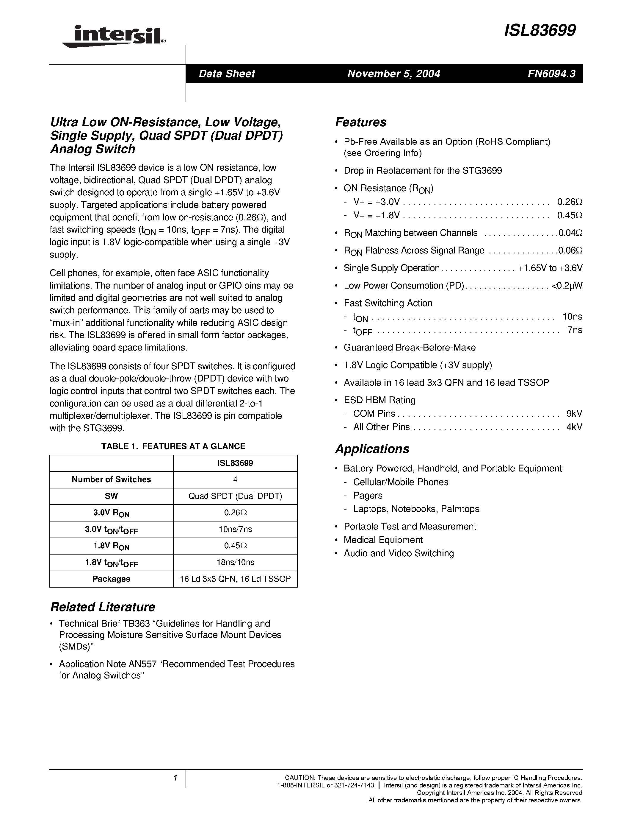 Datasheet FN6094 - Ultra Low ON-Resistance/ Low Voltage/ Single Supply/ Quad SPDT (Dual DPDT) Analog Switch page 1