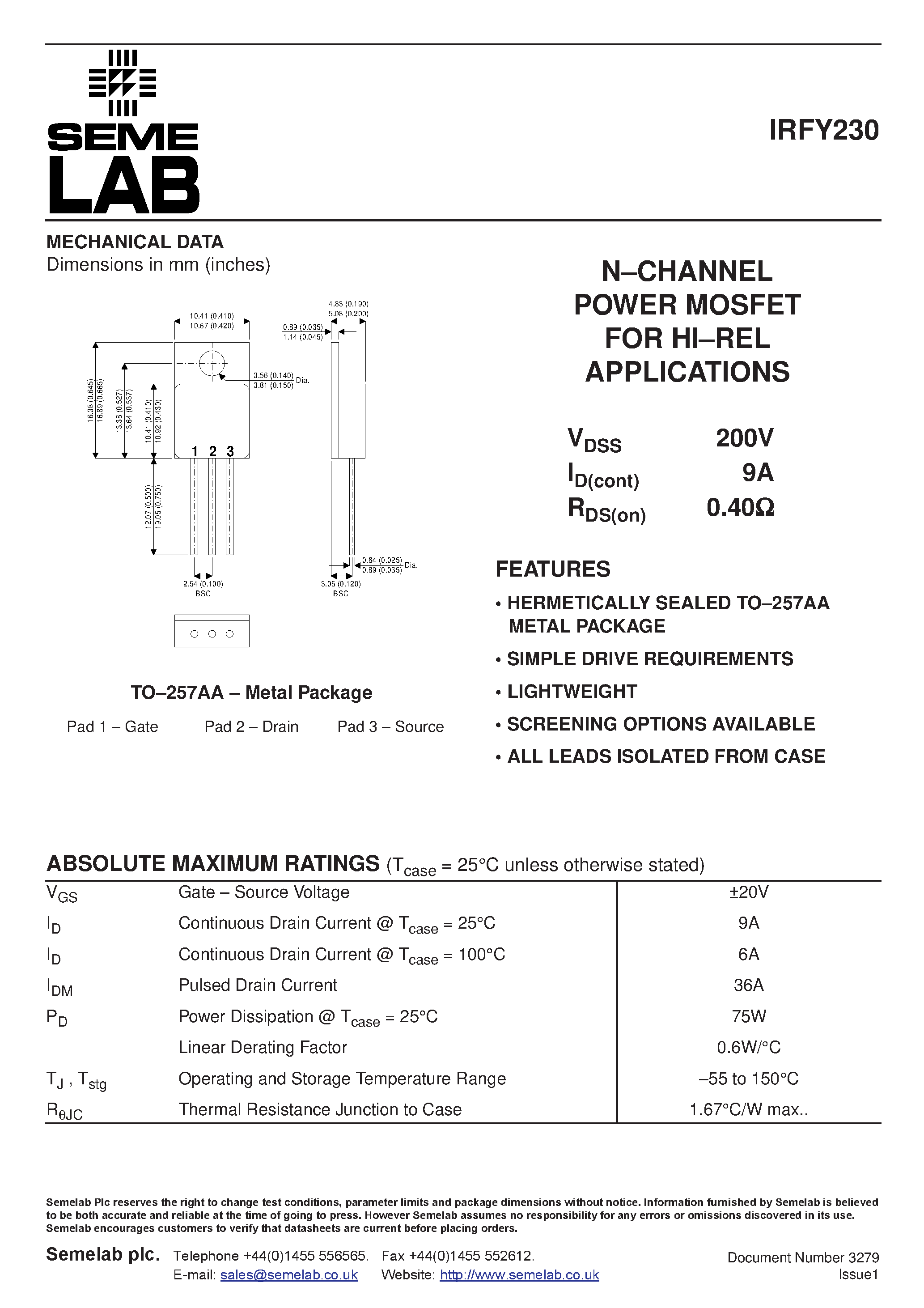 Даташит IRFY230 - NCHANNEL POWER MOSFET FOR HIREL APPLICATIONS страница 1