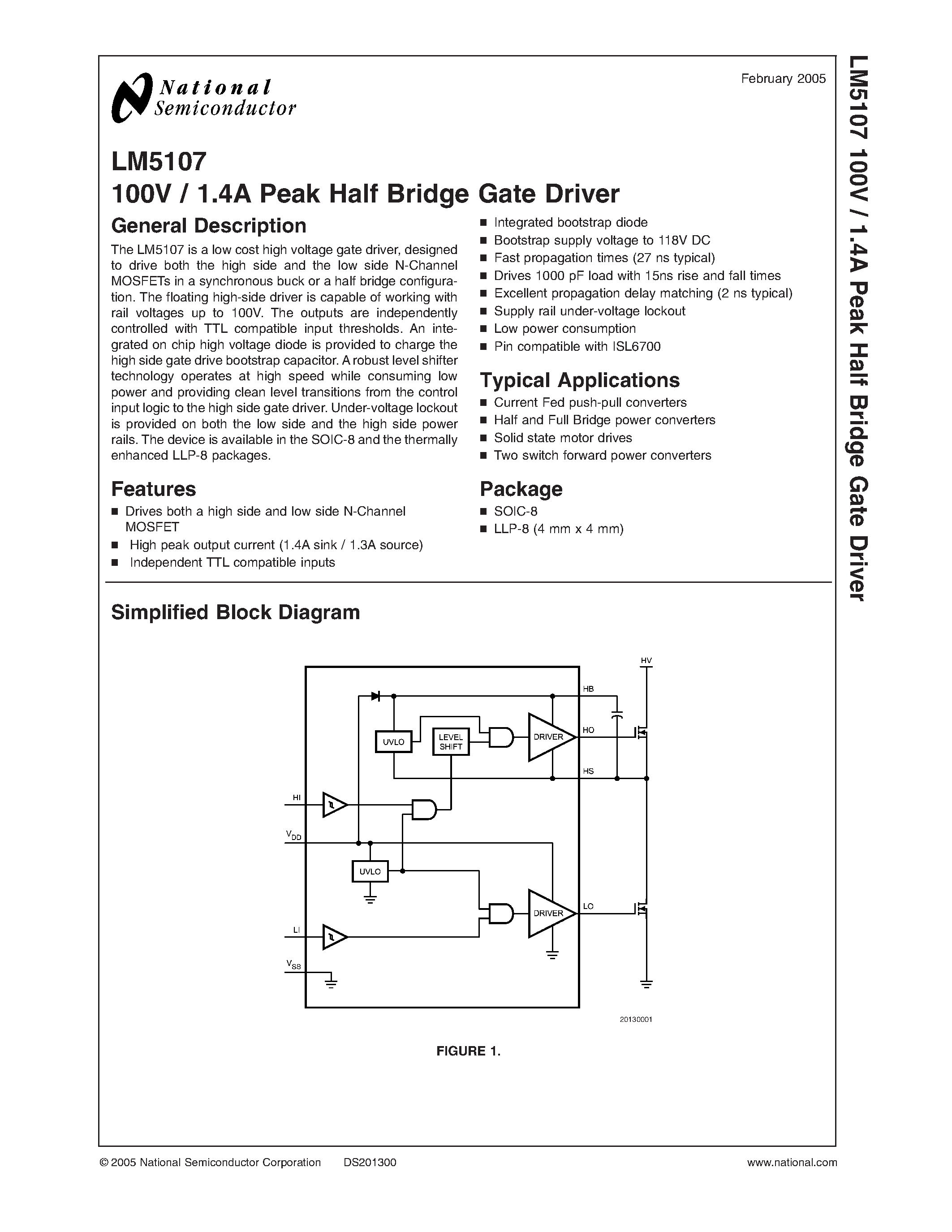 Datasheet LM5107 - 100V / 1.4A Peak Half Bridge Gate Driver page 1