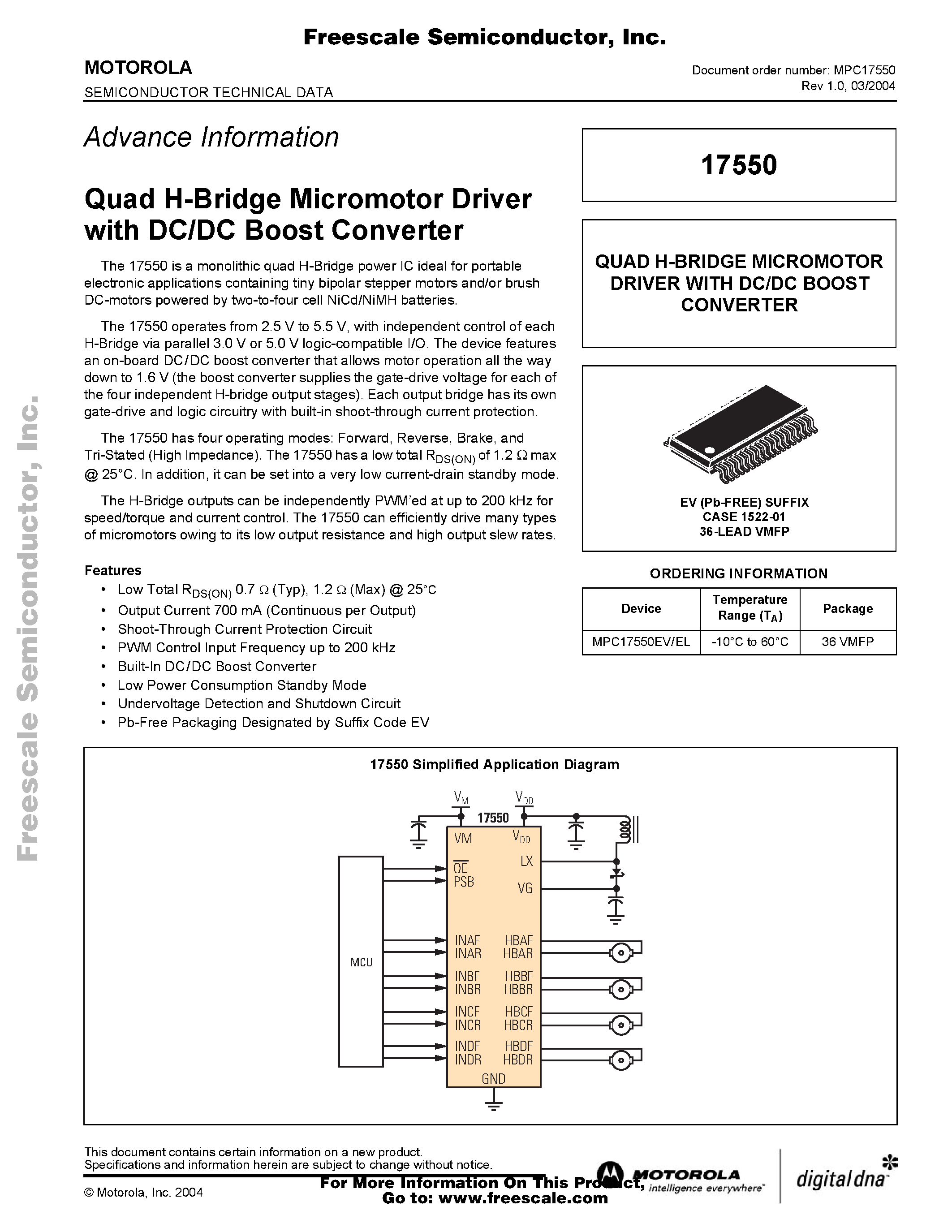 Даташит MPC17550EL - Quad H-Bridge Micromotor Driver with DC/DC Boost Converter страница 1