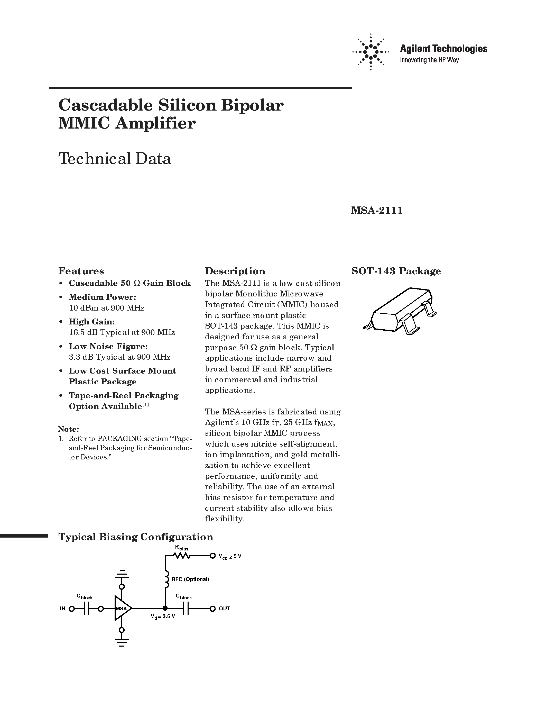 Datasheet MSA2111 - Cascadable Silicon Bipolar MMIC Amplifier page 1