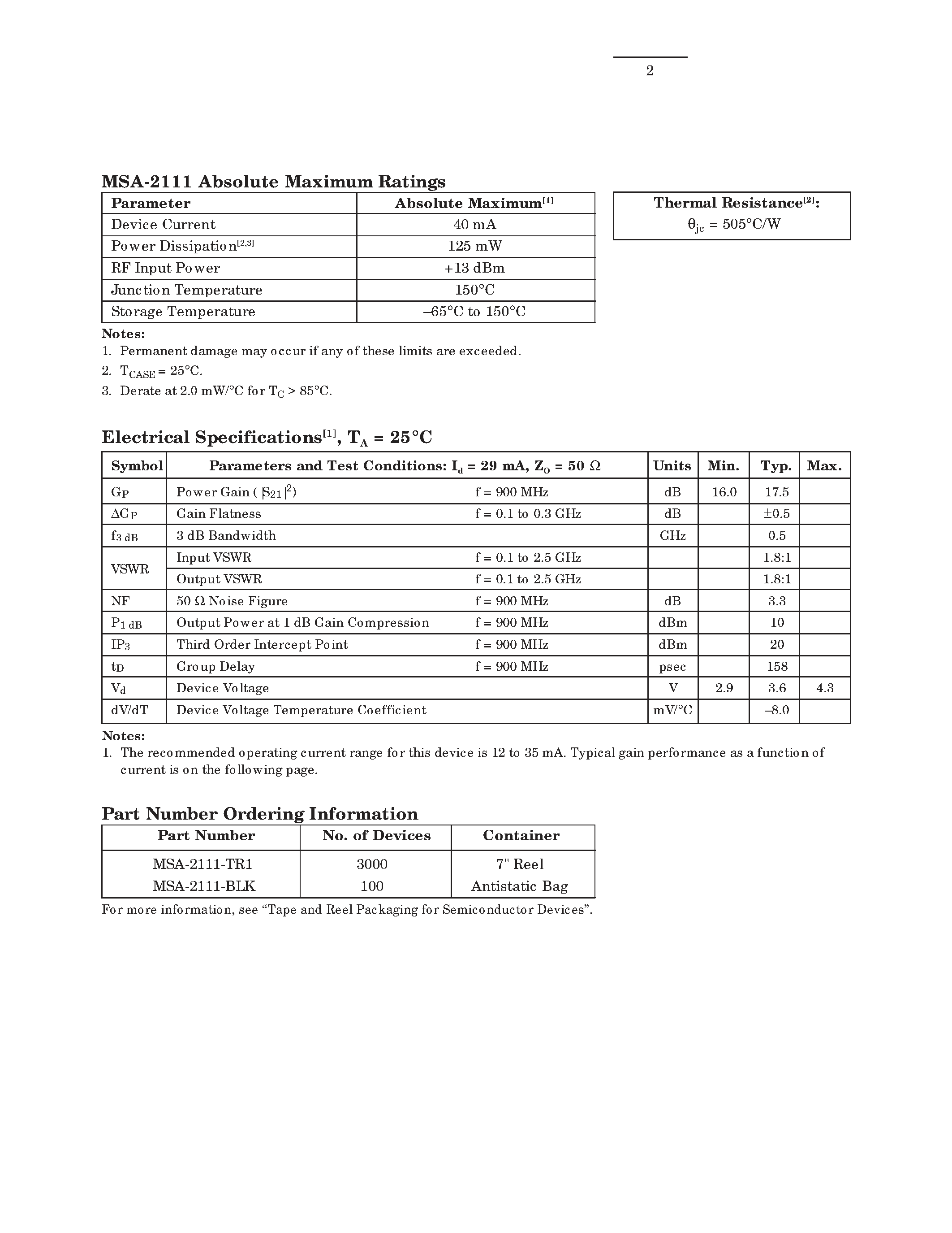 Datasheet MSA2111 - Cascadable Silicon Bipolar MMIC Amplifier page 2