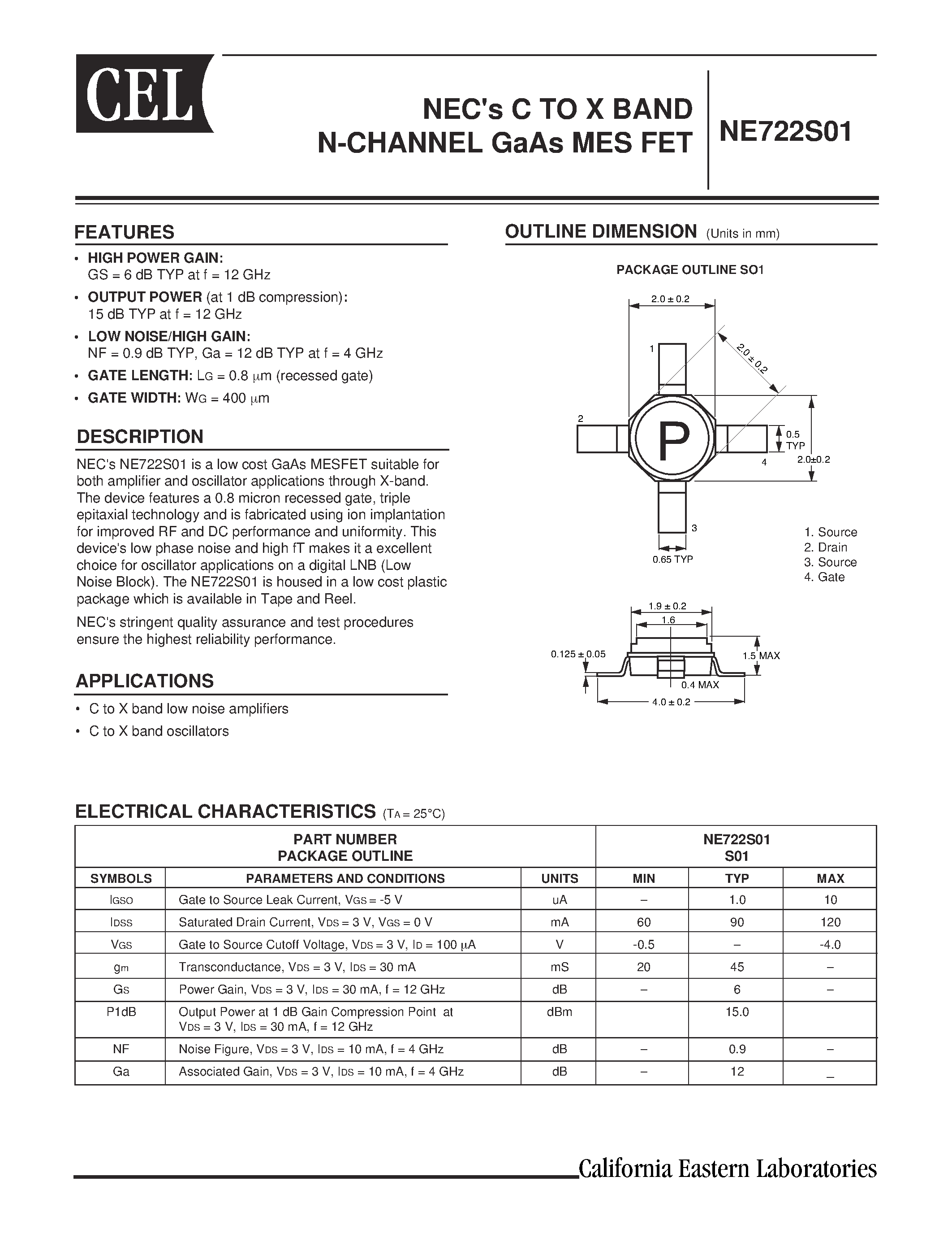 Datasheet NE722S01-T1B1 - NECs C TO X BAND N-CHANNEL GaAs MES FET page 1