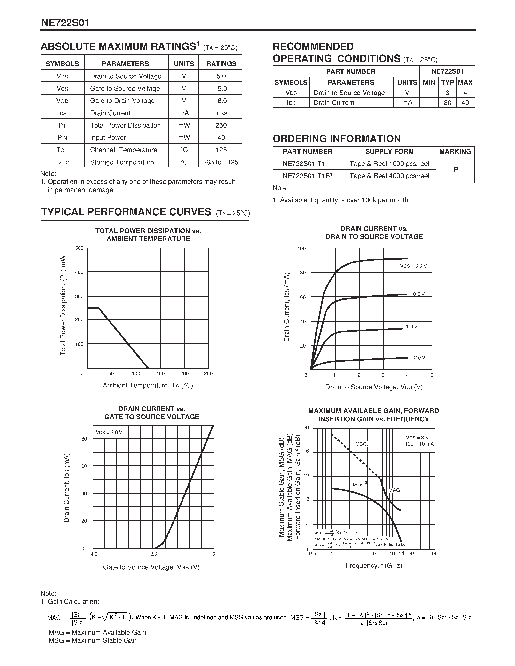 Datasheet NE722S01-T1B1 - NECs C TO X BAND N-CHANNEL GaAs MES FET page 2