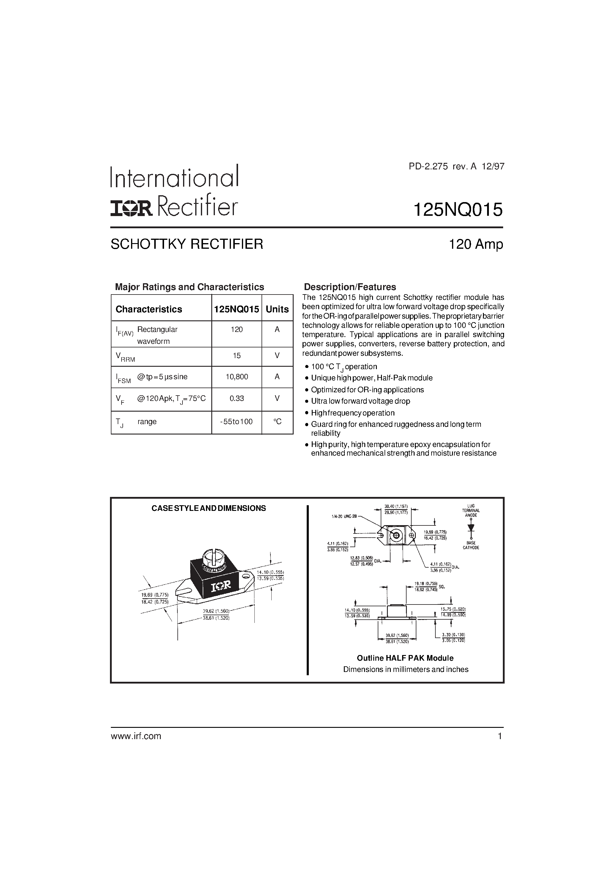 Datasheet 125NQ015 - SCHOTTKY RECTIFIER page 1