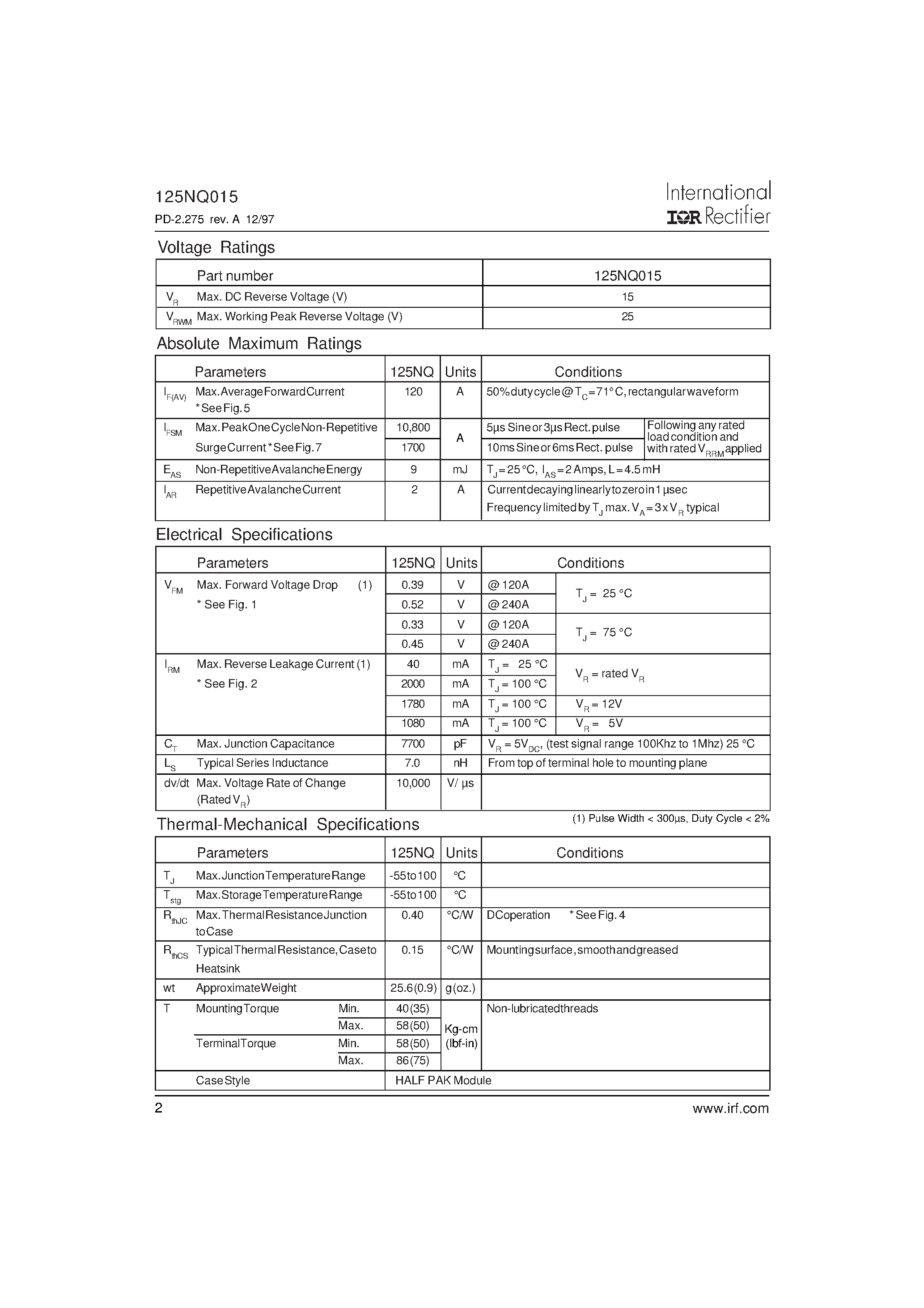 Datasheet 125NQ015 - SCHOTTKY RECTIFIER page 2