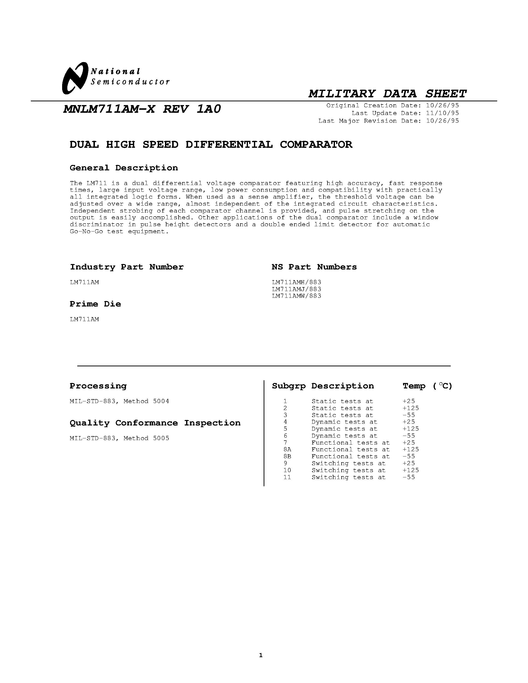 Даташит LM711AMH/883 - DUAL HIGH SPEED DIFFERENTIAL COMPARATOR страница 1