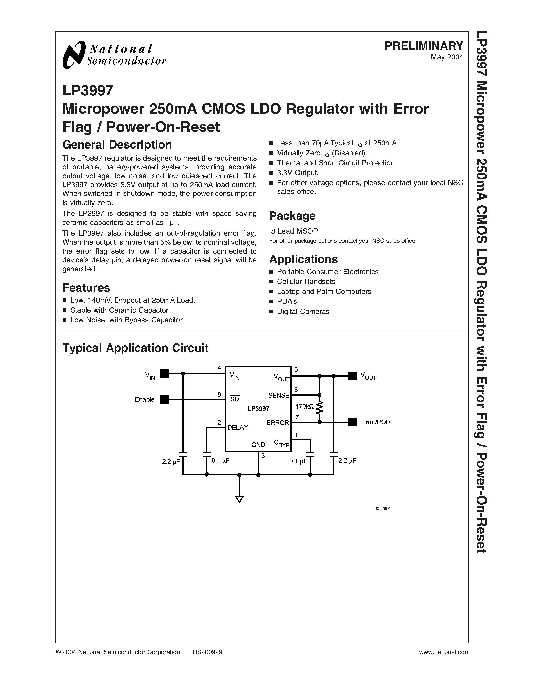 Даташит LP3997MM-3.3 - Micropower 250mA CMOS LDO Regulator with Error Flag / Power-On-Reset страница 1