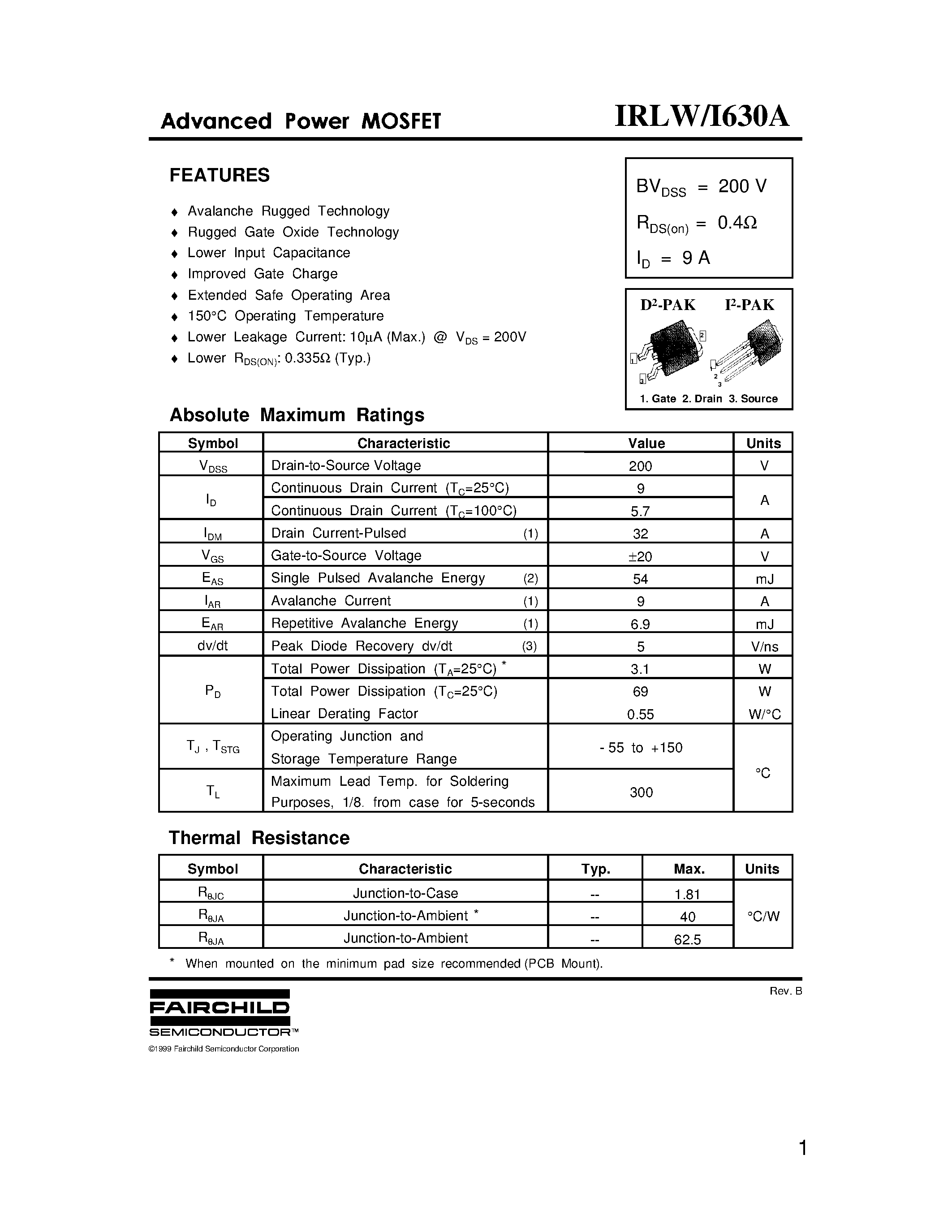 Datasheet IRLW630A - ADVANCED POWER MOSFET page 1