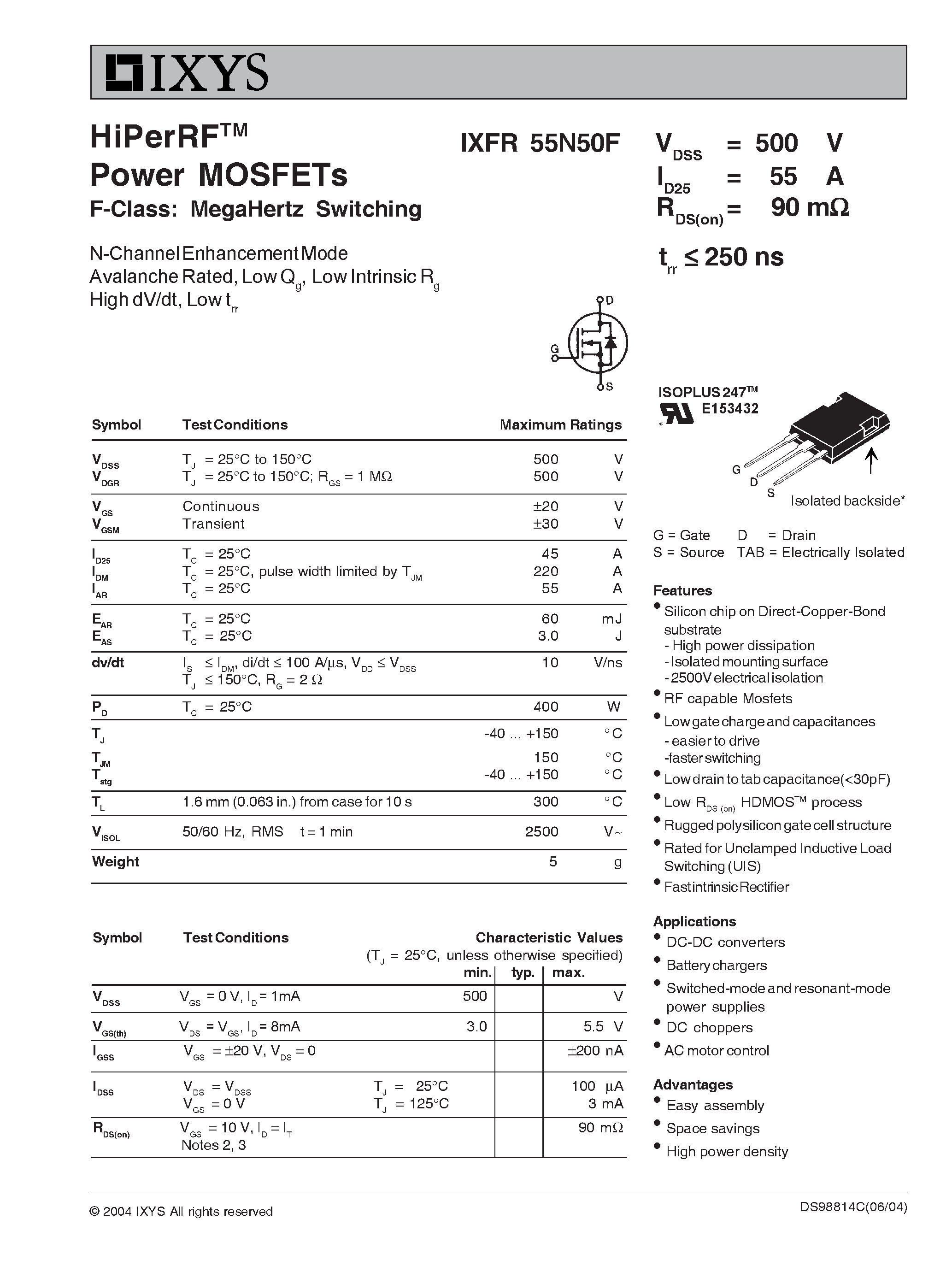 Даташит IXFR55N50F - HiPerRF Power MOSFETs F-Class: MegaHertz Switching страница 1