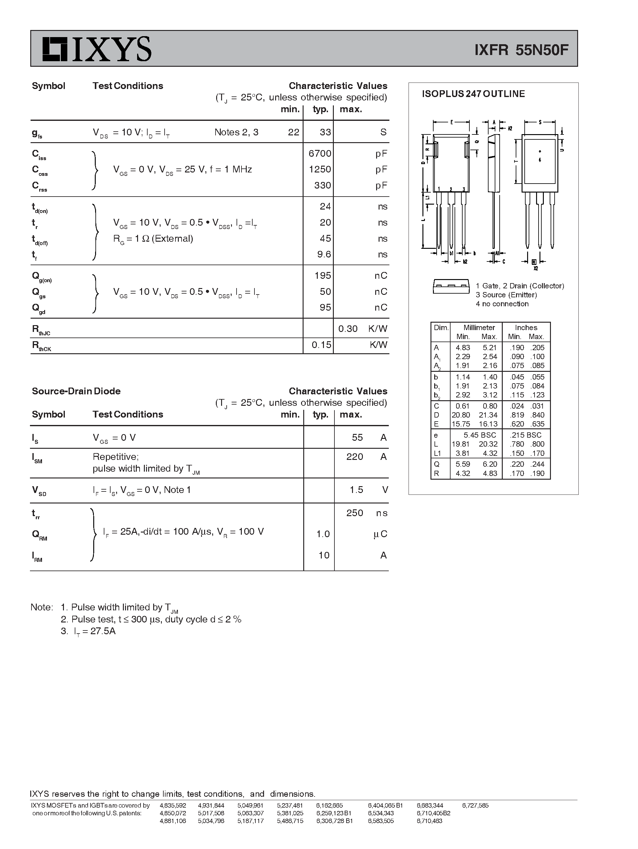 Даташит IXFR55N50F - HiPerRF Power MOSFETs F-Class: MegaHertz Switching страница 2