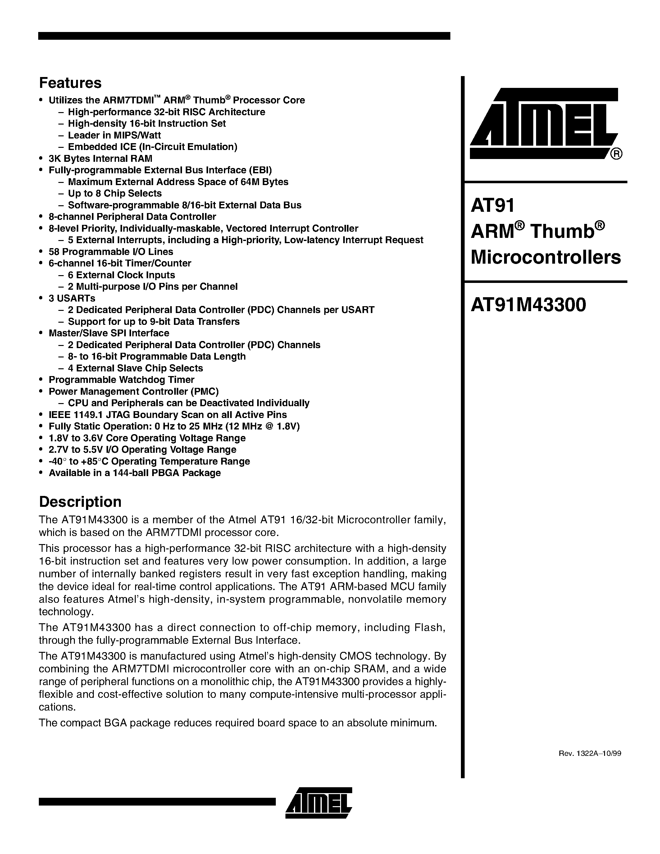 Даташит AT91M43300-12CI-1.8 - ARM Thumb Microcontrollers страница 1