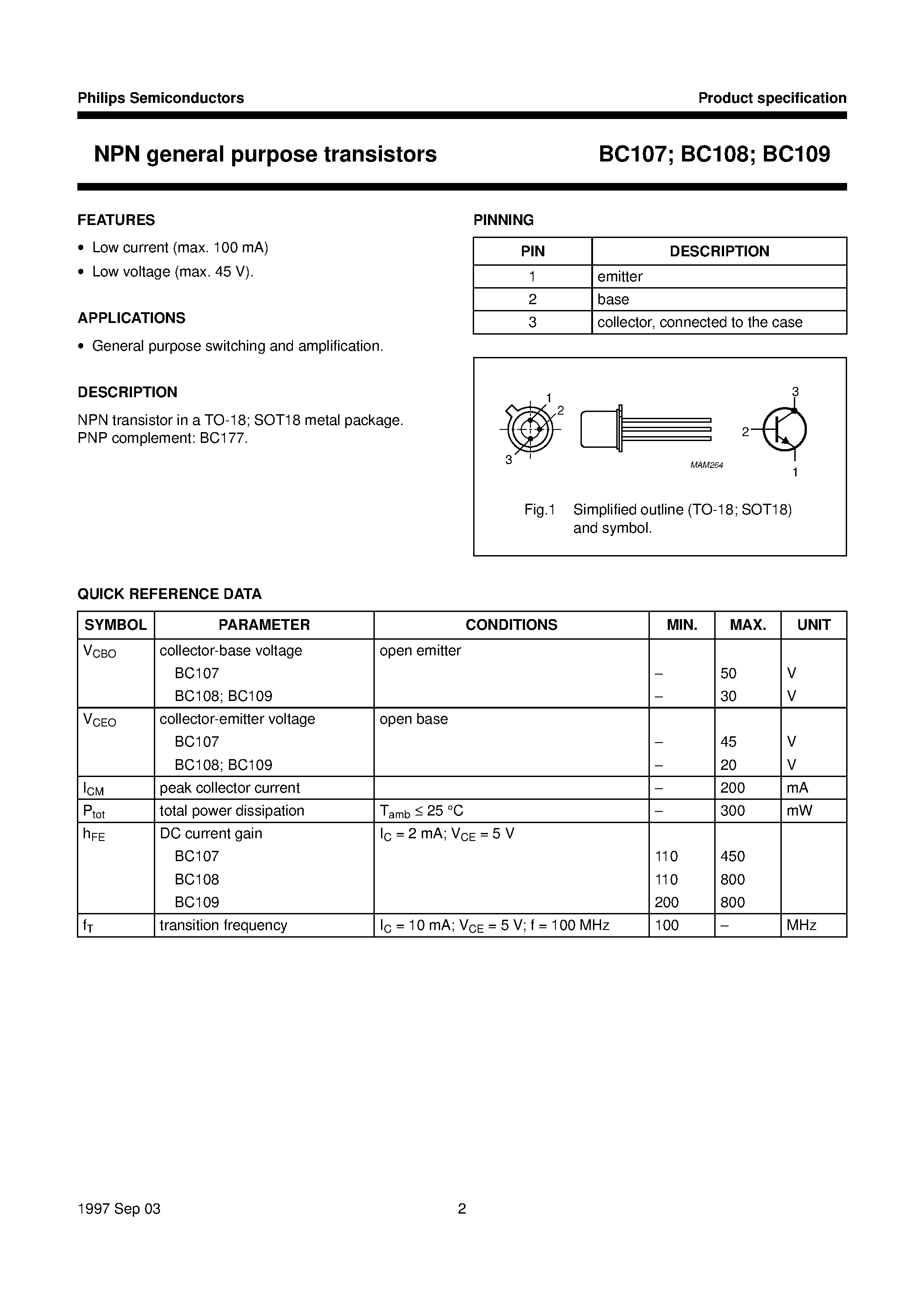 Datasheet BC109C - NPN general purpose transistors page 2