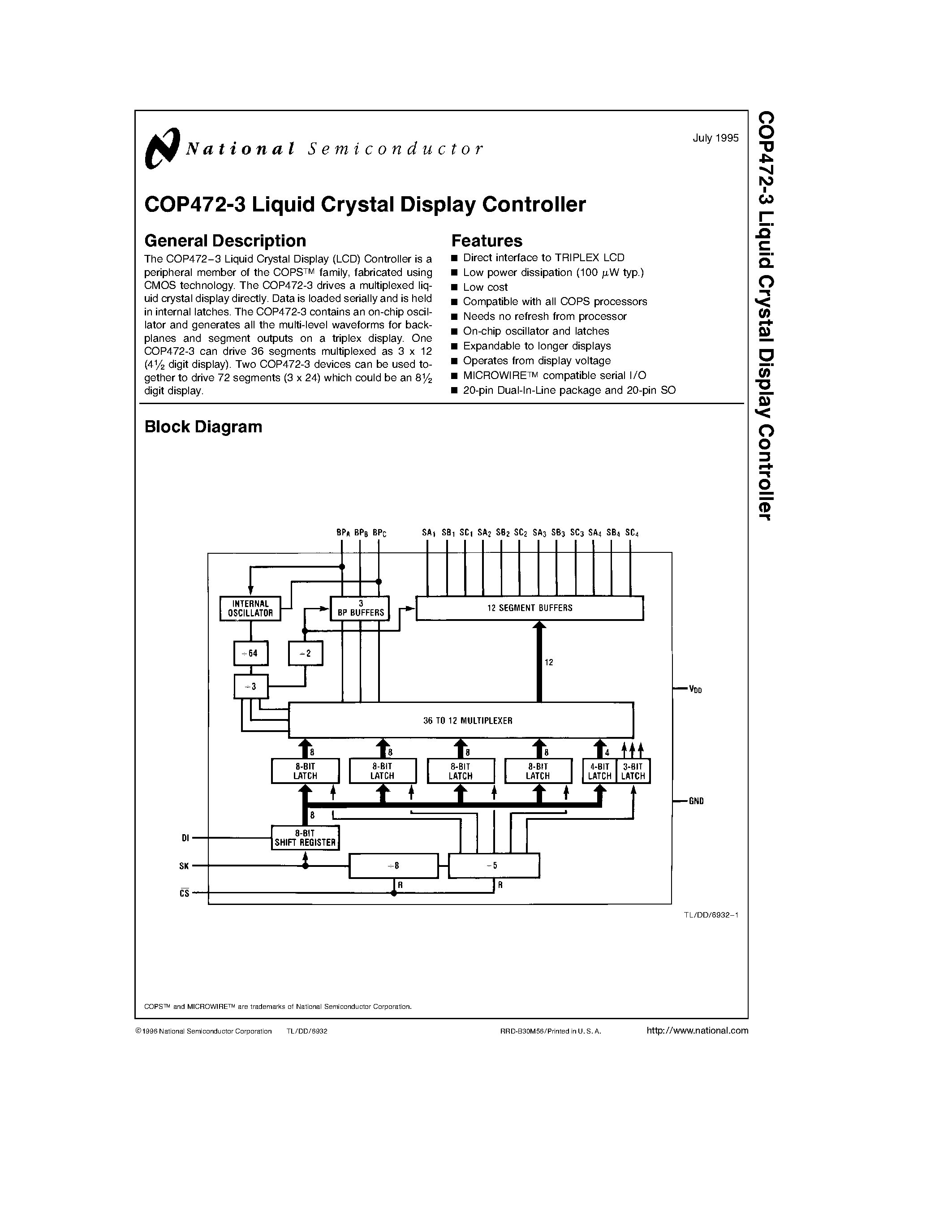 Даташит COP472-3 - COP472-3 Liquid Crystal Display Controller страница 1