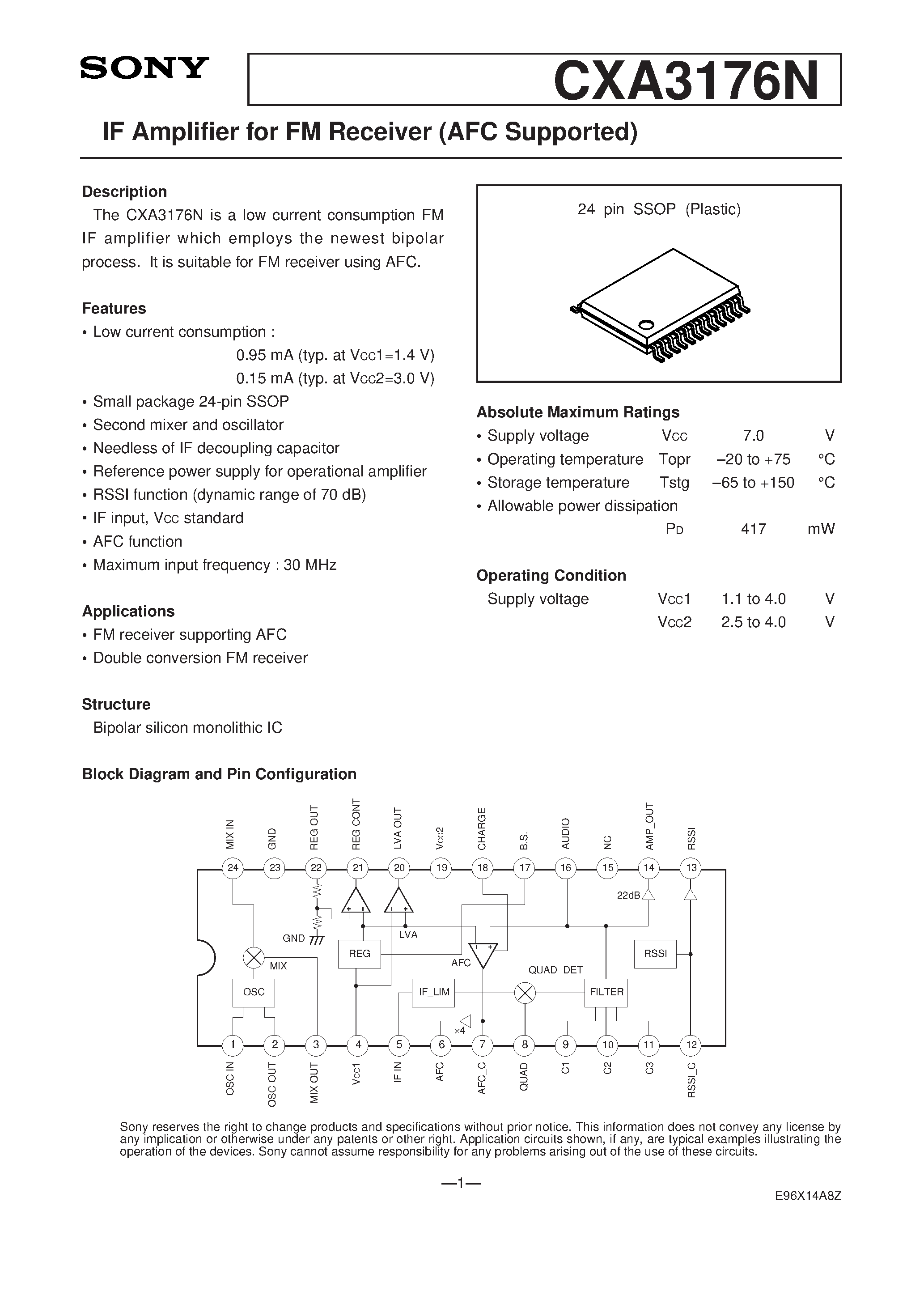 Datasheet CXA3176N - IF Amplifier for FM Receiver (AFC Supported) page 1