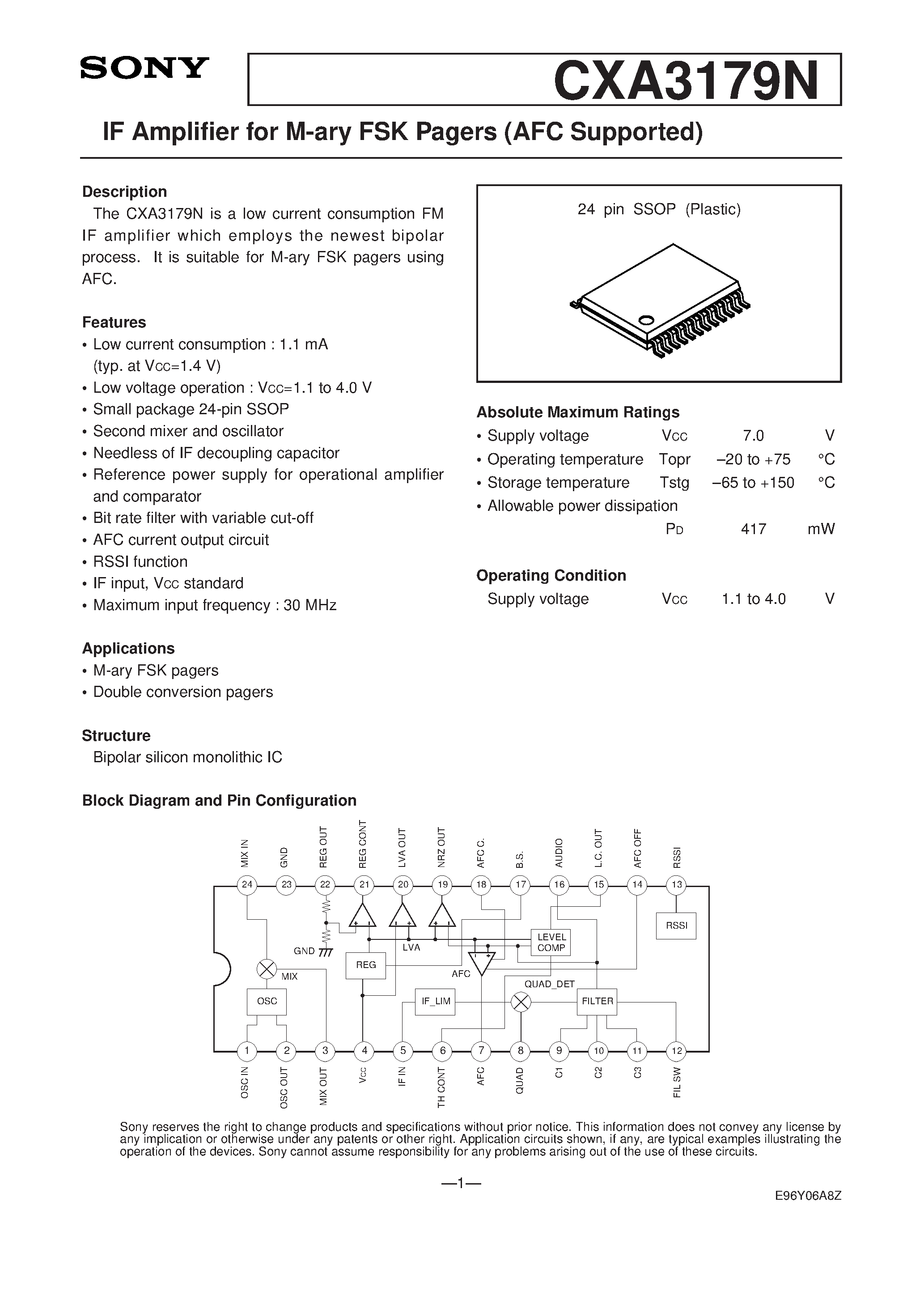 Datasheet CXA3179N - IF Amplifier for M-ary FSK Pagers (AFC Supported) page 1