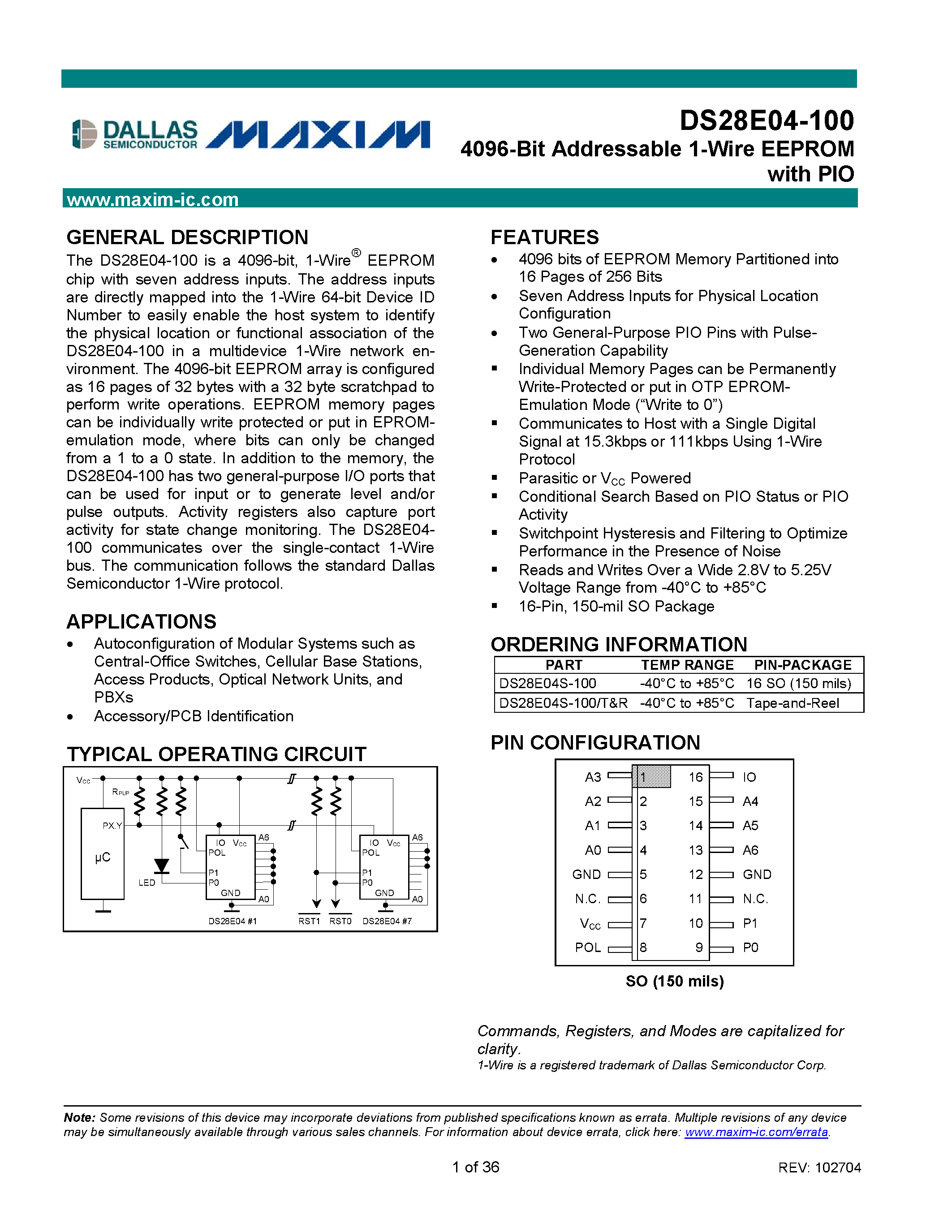 Datasheet DS28E04-100 - 4096-Bit Addressable 1-Wire EEPROM with PIO page 1