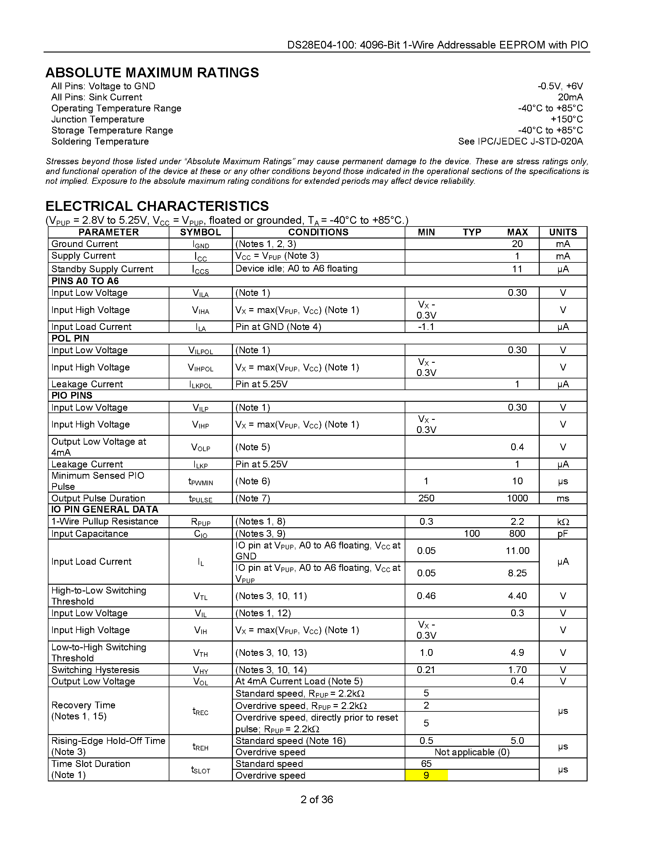 Datasheet DS28E04-100 - 4096-Bit Addressable 1-Wire EEPROM with PIO page 2