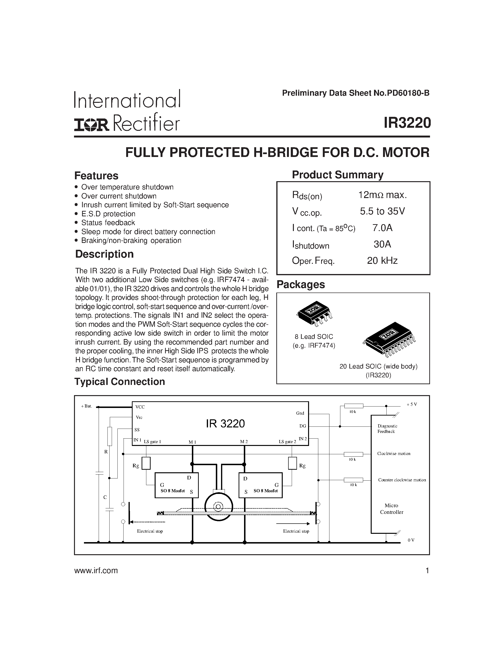 Datasheet IR3220 - FULLY PROTECTED H-BRIDGE FOR D.C. MOTOR page 1