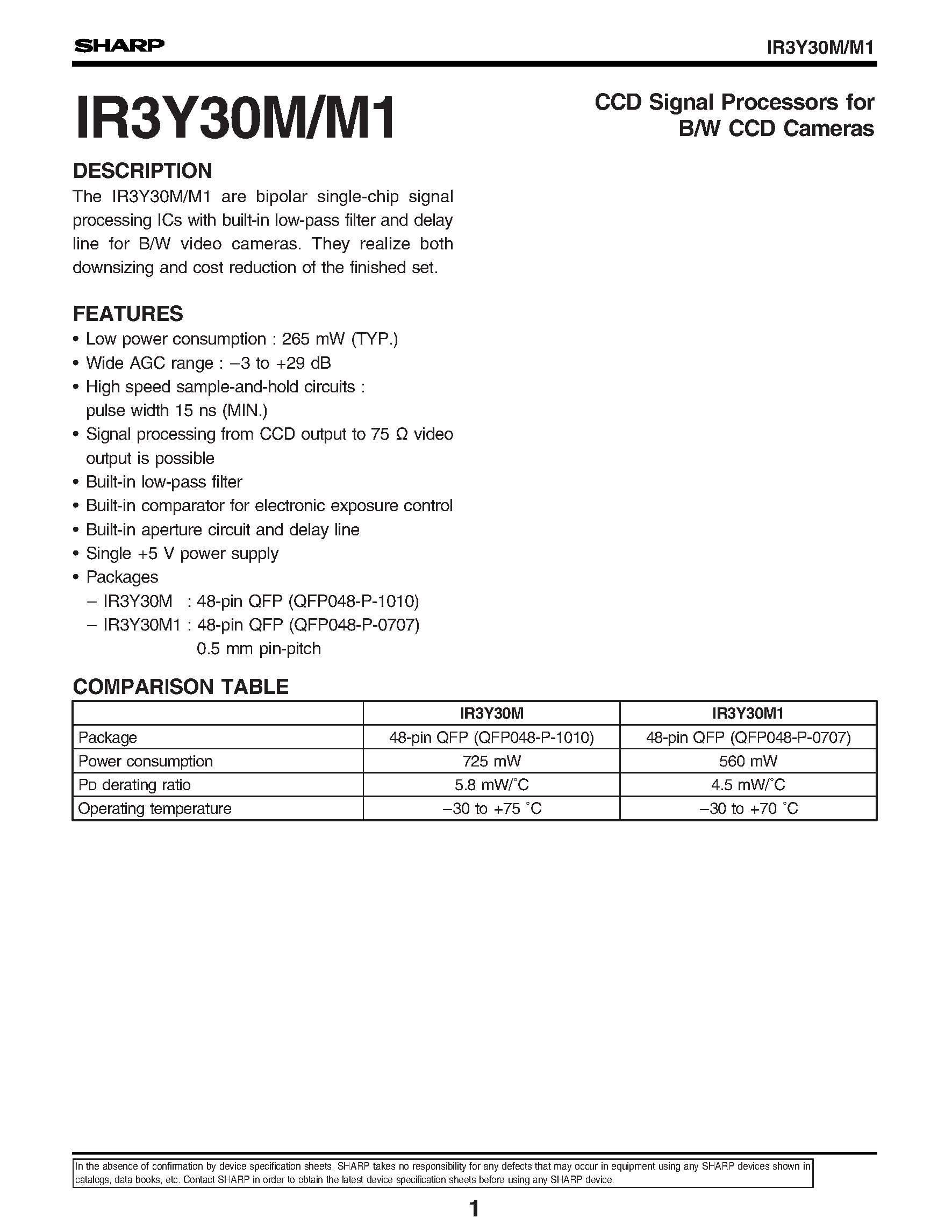 Datasheet IR3Y30M1 - CCD Signal Processors for B/W CCD Cameras page 1