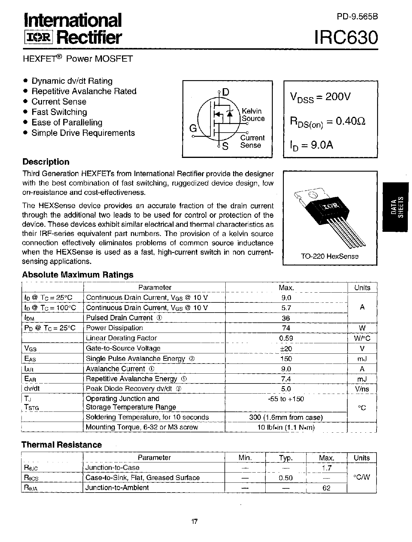 Даташит IRC - Power MOSFET(Vdss=200V/ Rds(on)=0.40ohm/ Id=9.0A) страница 1