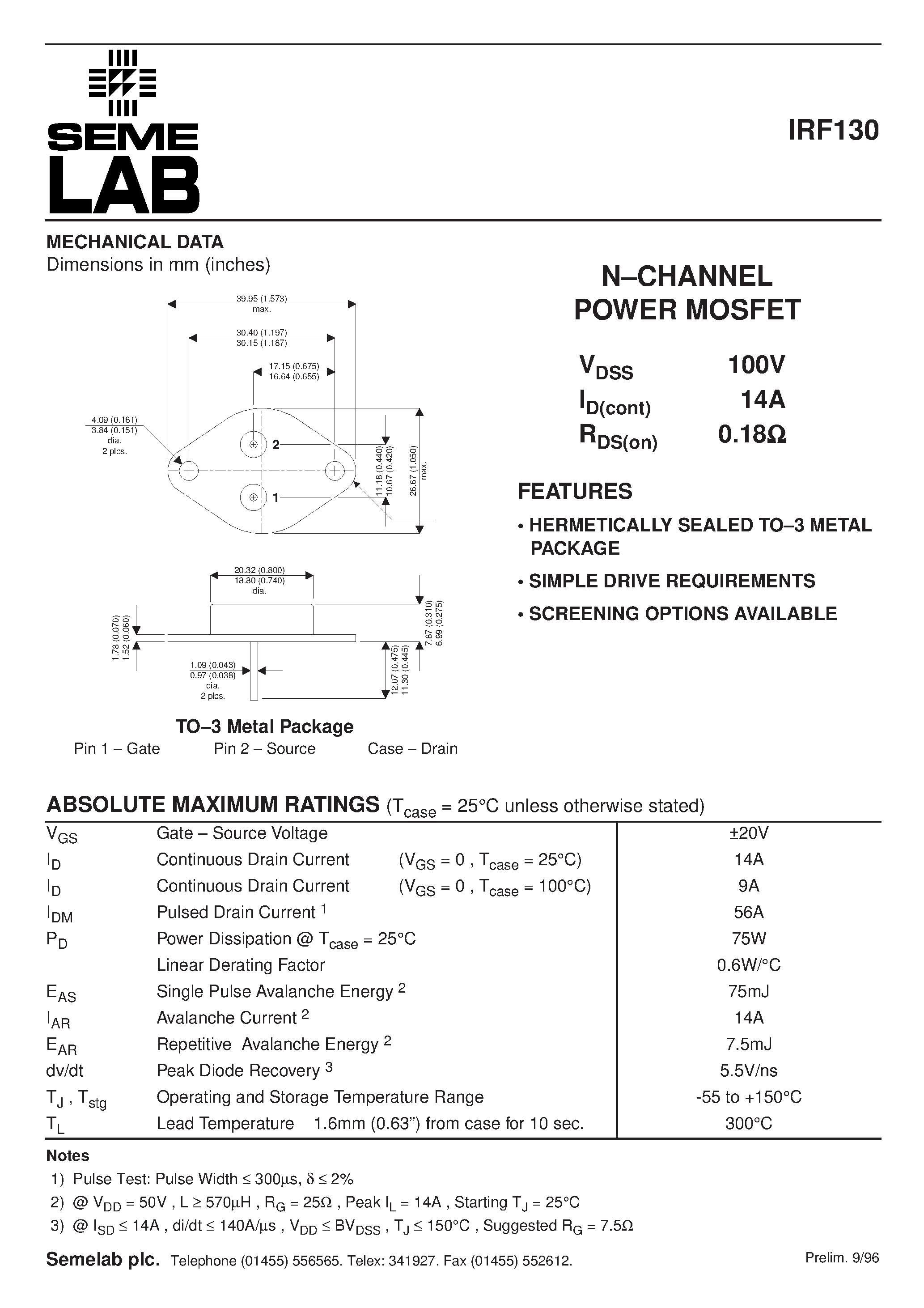 Datasheet IRF130 - N-CHANNEL POWER MOSFET page 1