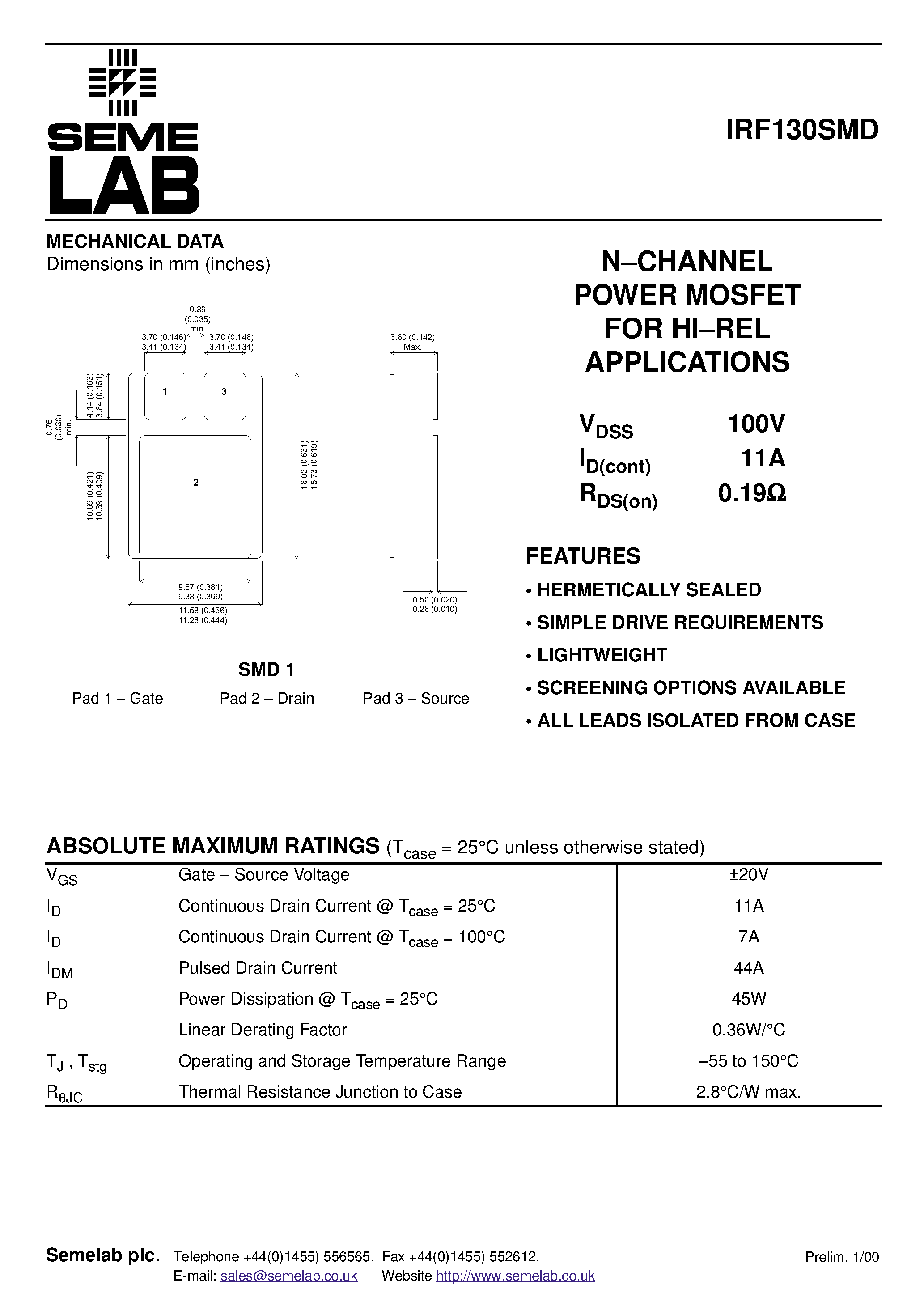 Datasheet IRF130SMD - N-CHANNEL POWER MOSFET FOR HI.REL APPLICATIONS page 1