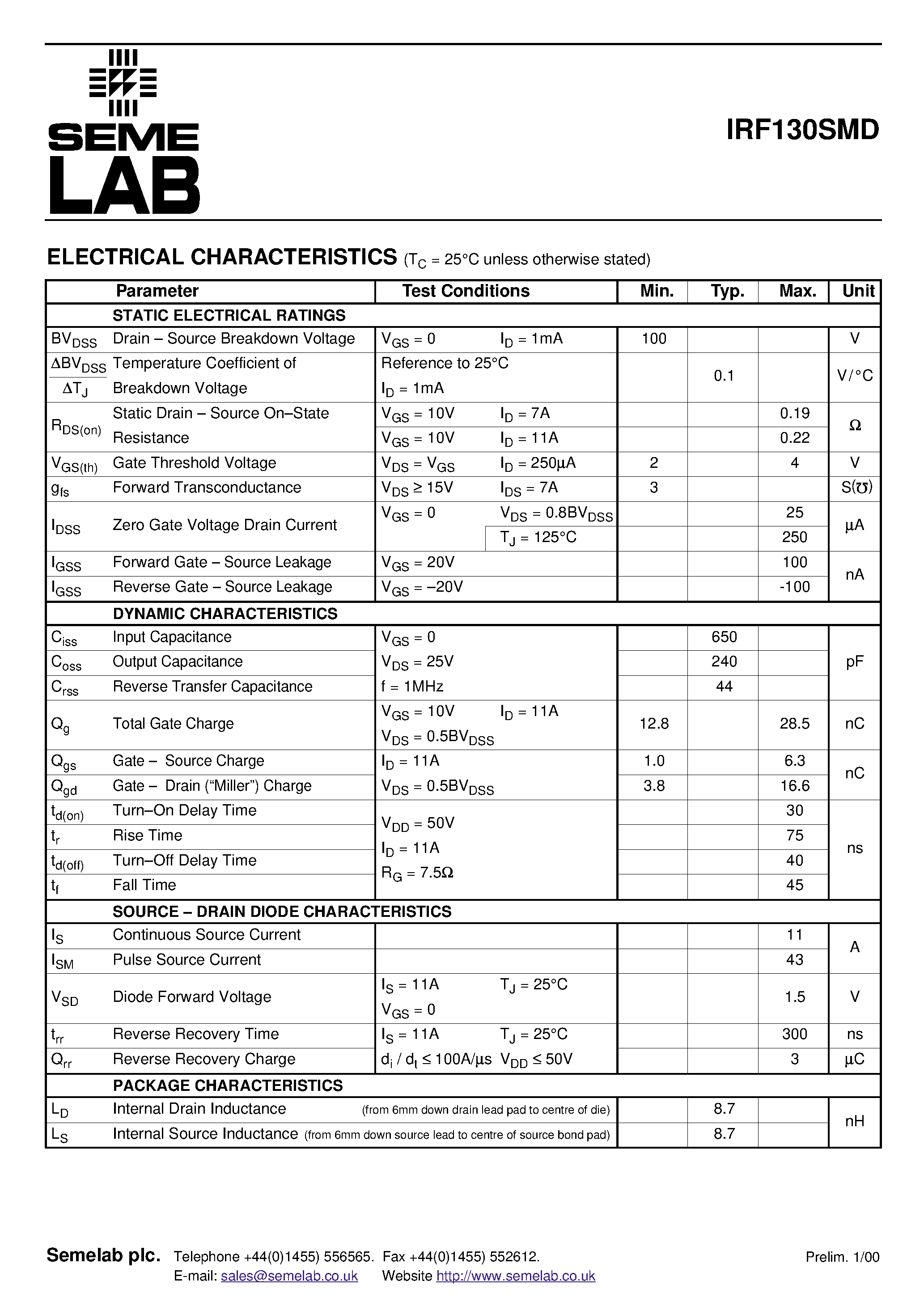 Datasheet IRF130SMD - N-CHANNEL POWER MOSFET FOR HI.REL APPLICATIONS page 2