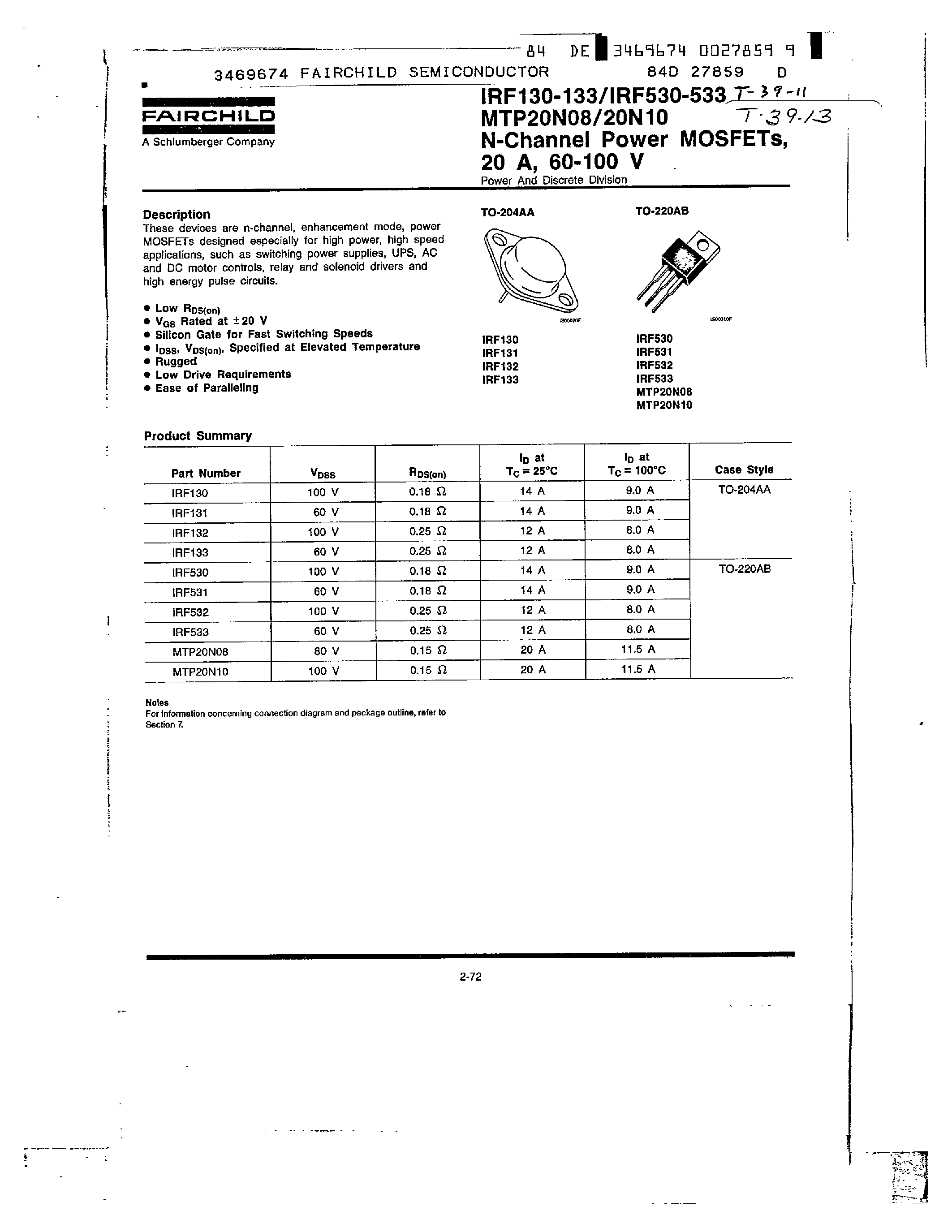 Datasheet IRF131 - N-Channel Power MOSFETs/ 20 A/ 60-100 V page 1