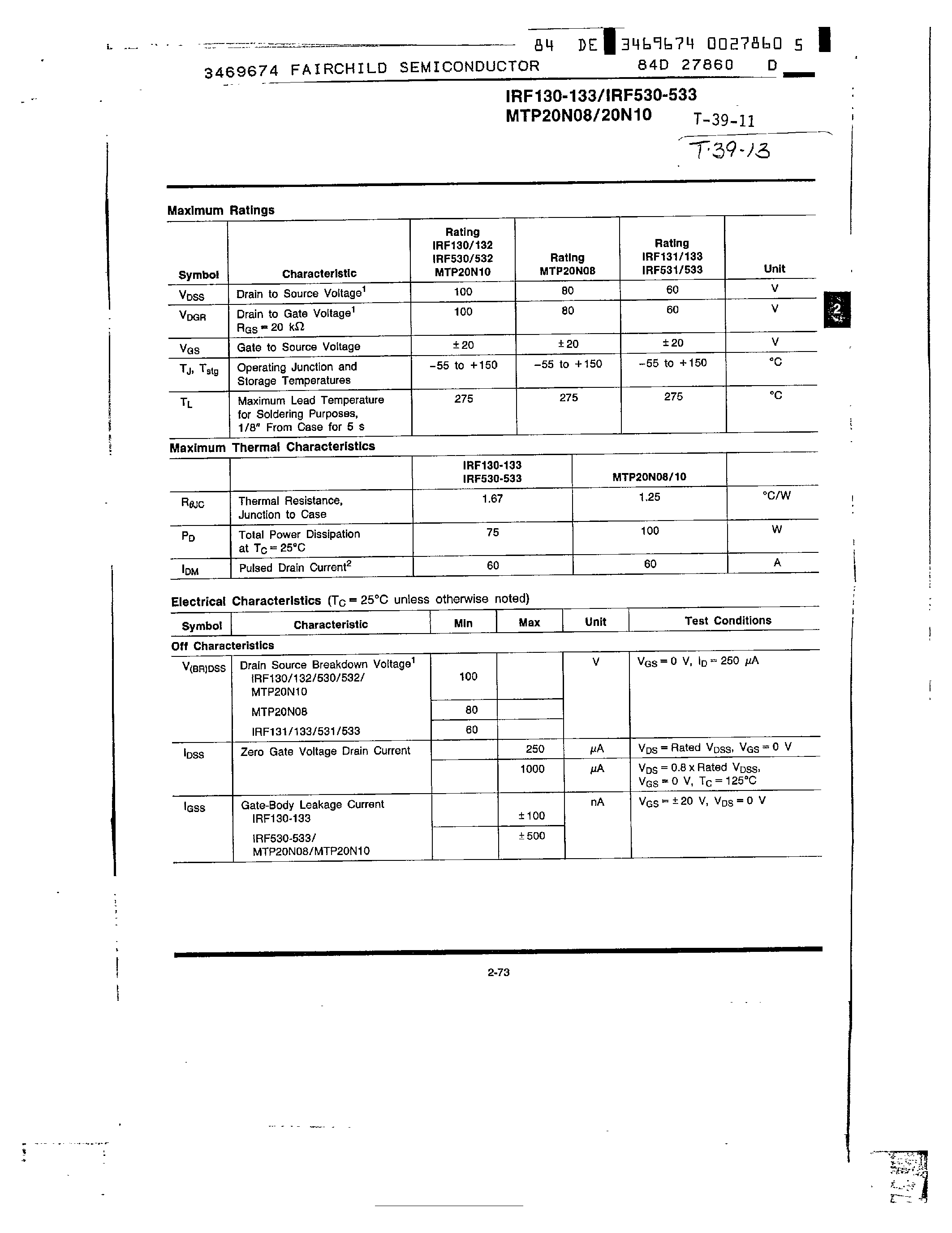 Datasheet IRF131 - N-Channel Power MOSFETs/ 20 A/ 60-100 V page 2