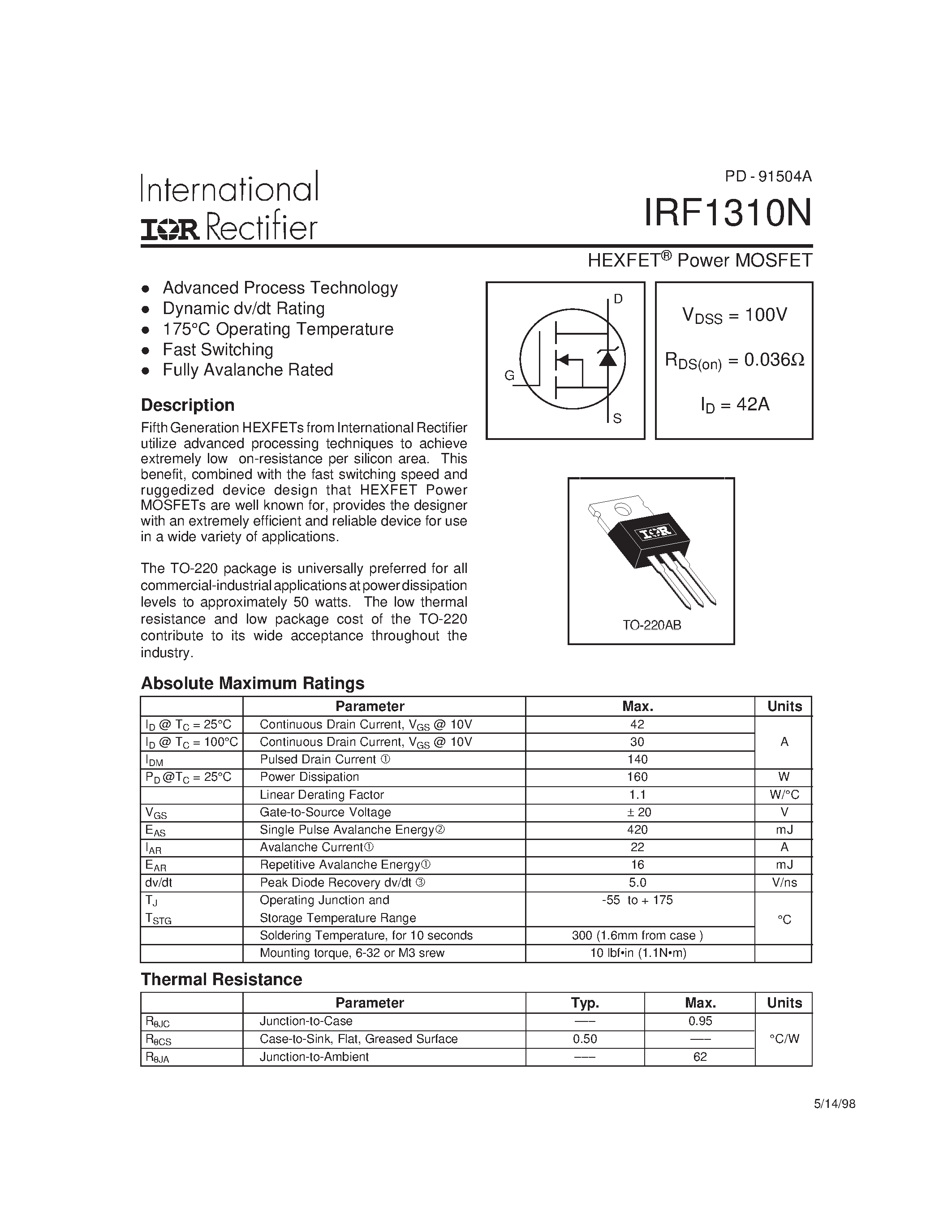 Datasheet IRF1310N - Power MOSFET(Vdss=100V/ Rds(on)=0.036ohm/ Id=42A) page 1