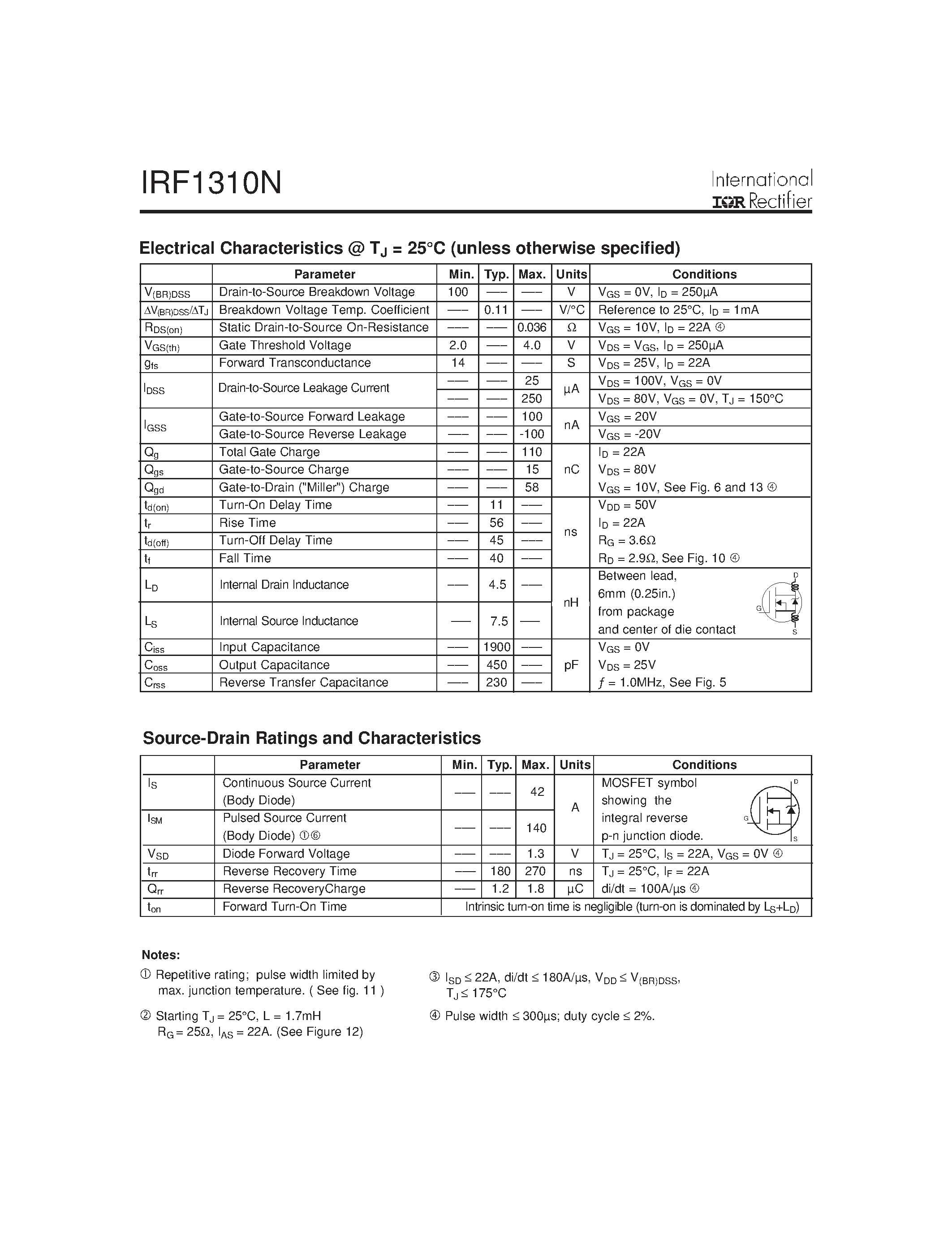 Datasheet IRF1310N - Power MOSFET(Vdss=100V/ Rds(on)=0.036ohm/ Id=42A) page 2