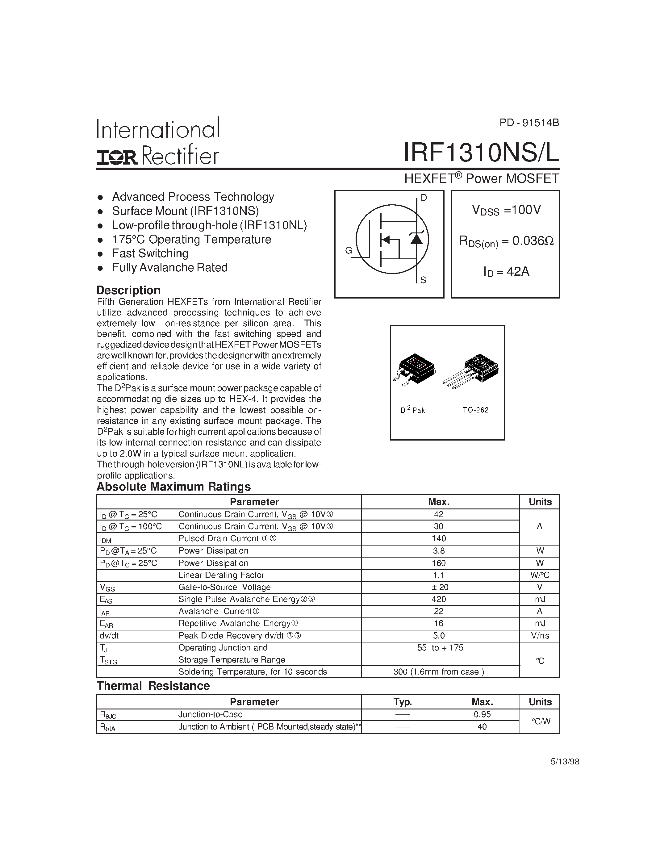 Datasheet IRF1310NL - Power MOSFET(Vdss=100V/ Rds(on)=0.036ohm/ Id=42A) page 1