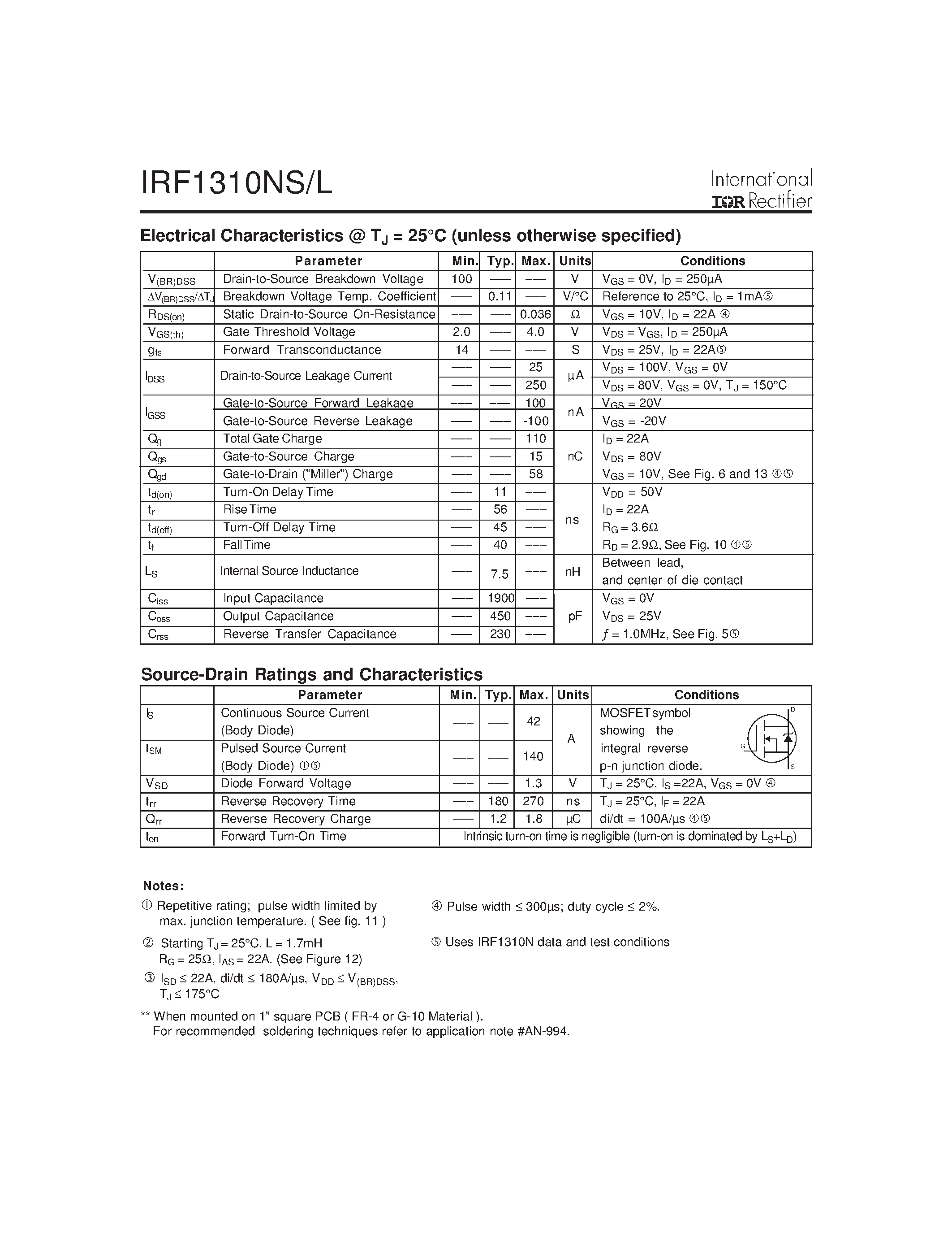 Datasheet IRF1310NL - Power MOSFET(Vdss=100V/ Rds(on)=0.036ohm/ Id=42A) page 2