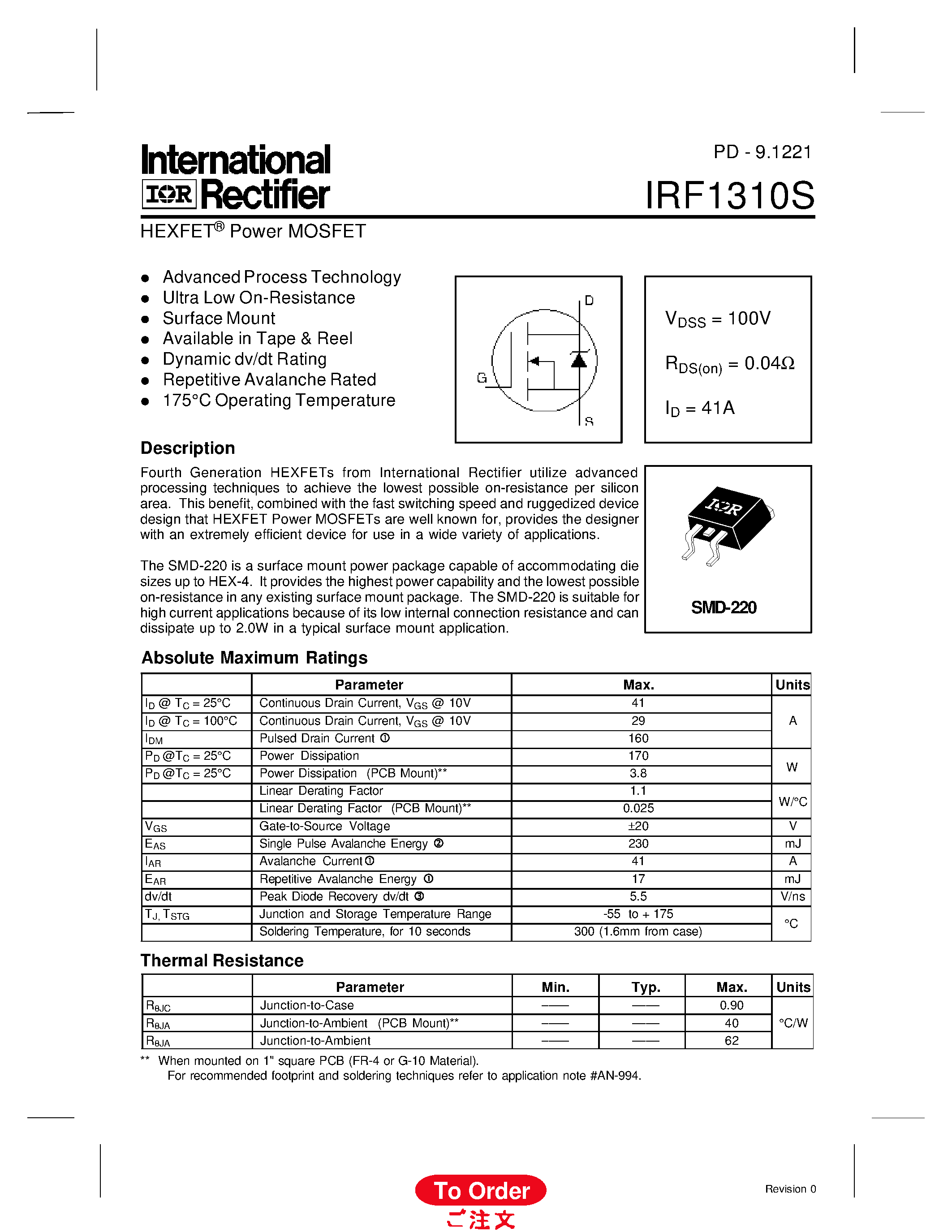 Datasheet IRF1310S - Power MOSFET(Vdss=100V/ Rds(on)=0.04ohm/ Id=41A) page 1