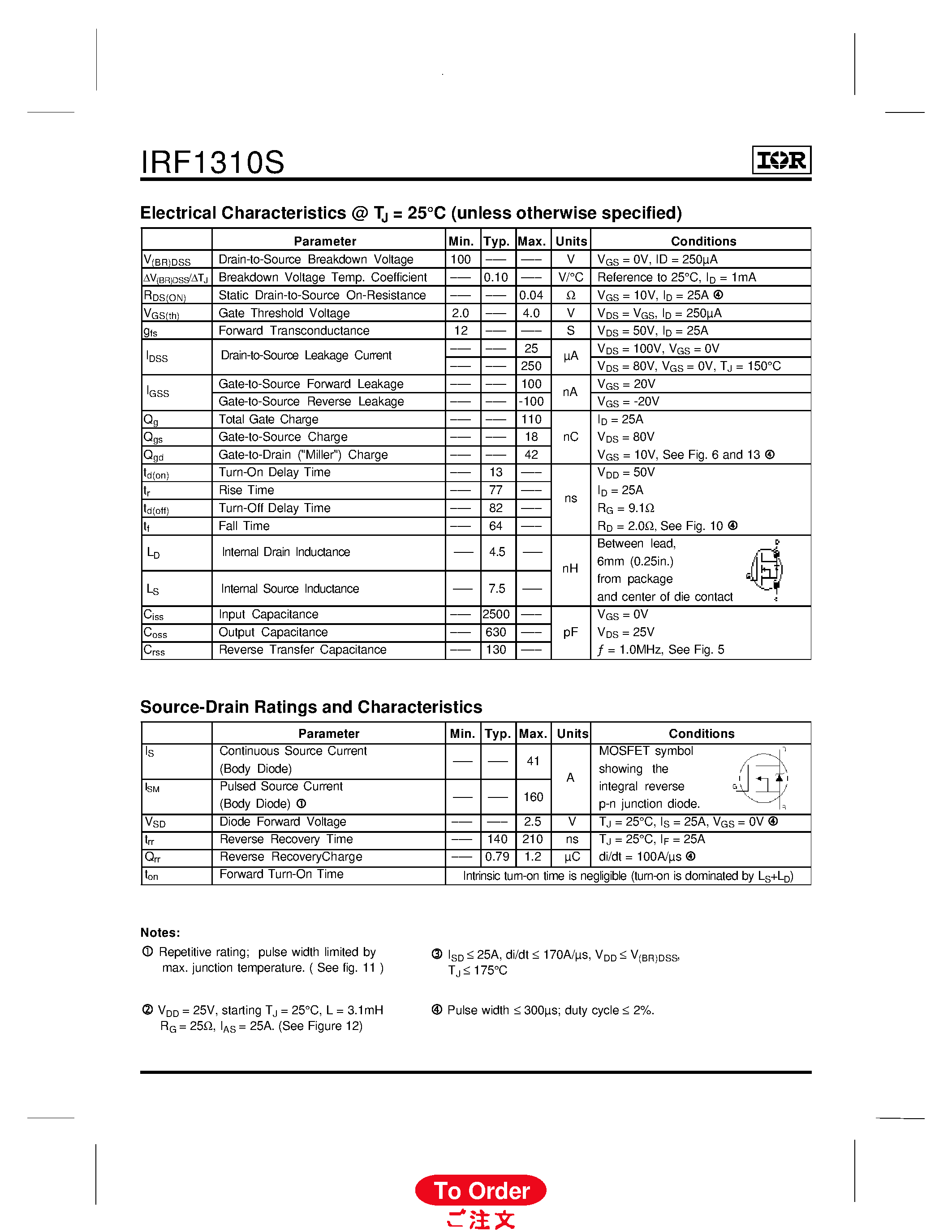 Datasheet IRF1310S - Power MOSFET(Vdss=100V/ Rds(on)=0.04ohm/ Id=41A) page 2