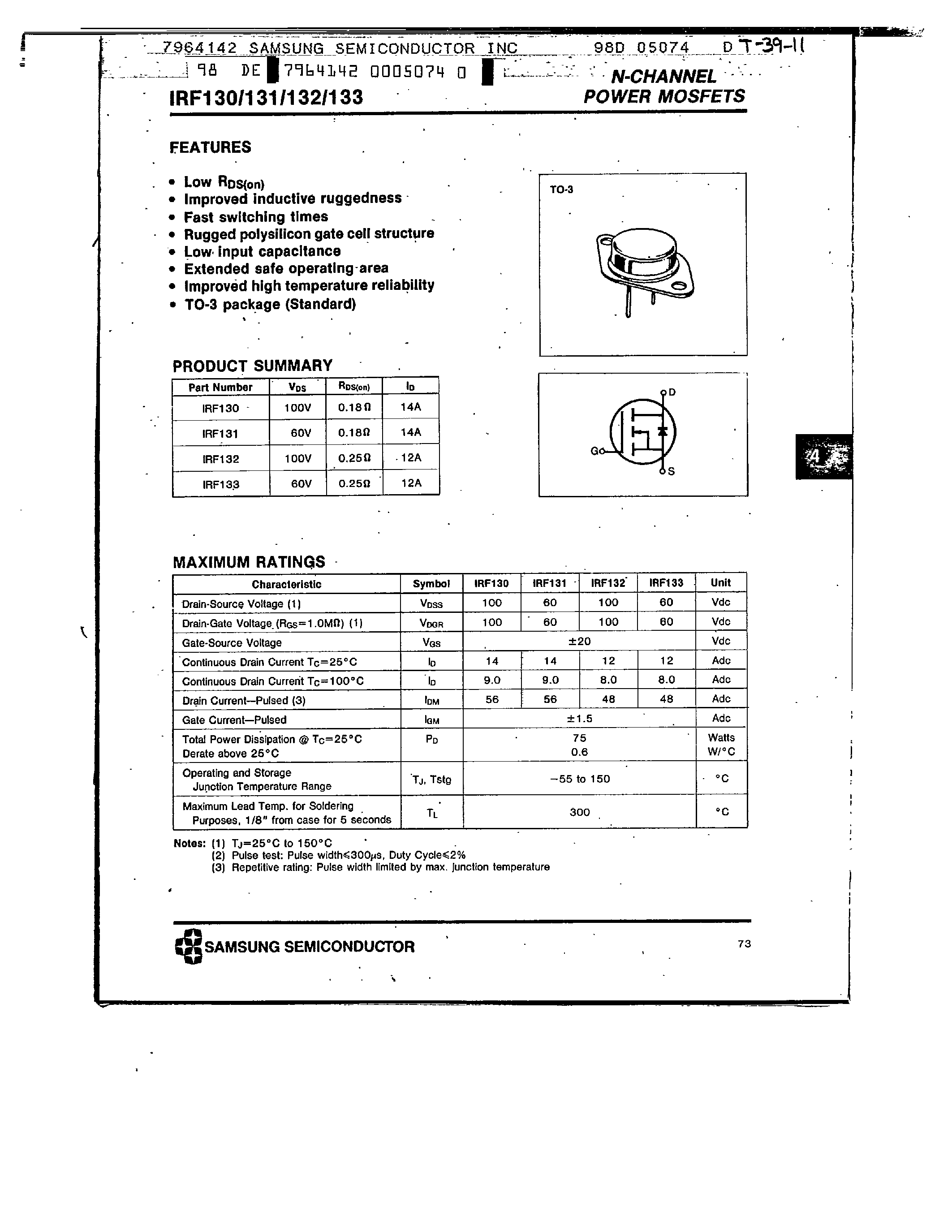 Datasheet IRF132 - N-CHANNEL POWER MOSFETS page 1