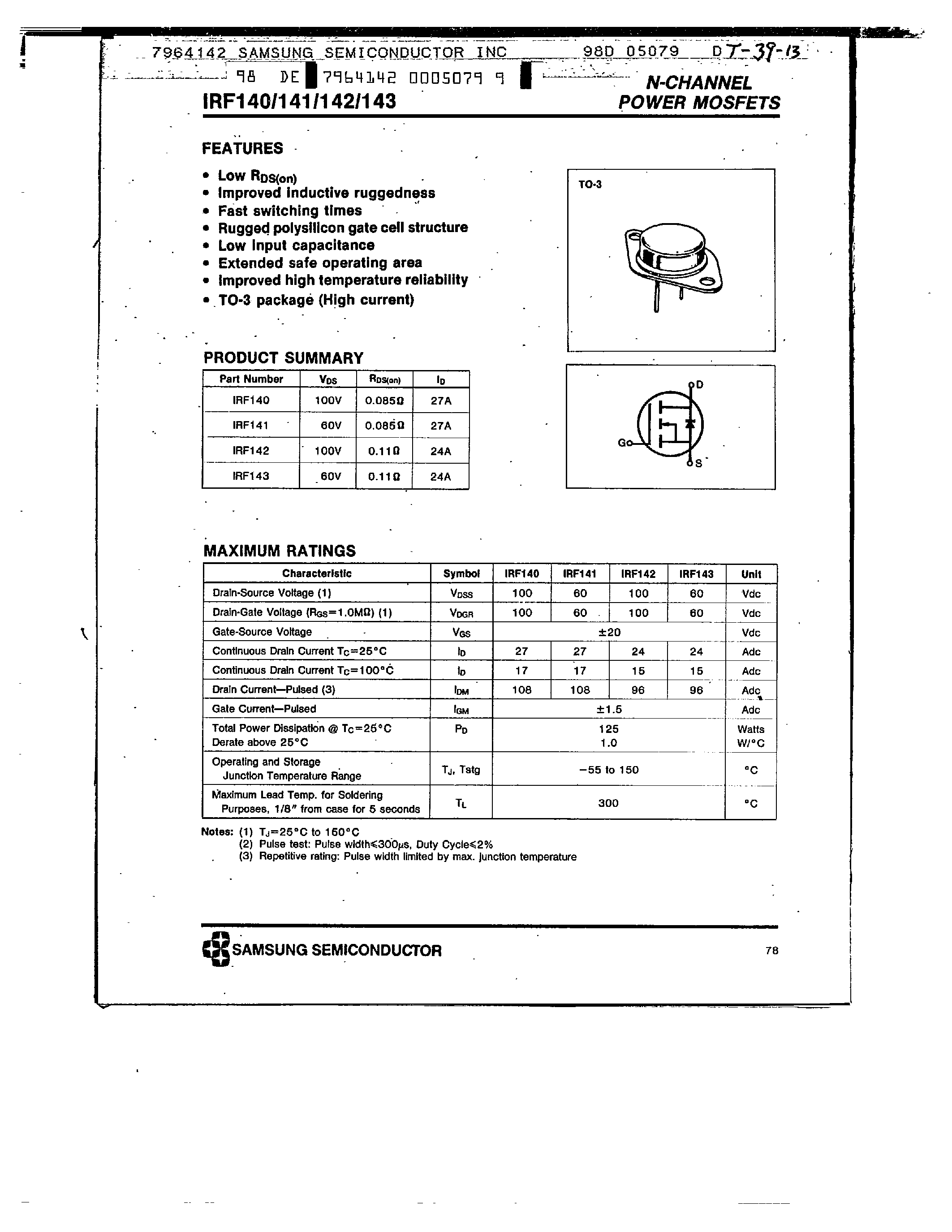 Datasheet IRF140 - N-CHANNEL POWER MOSFETS page 1