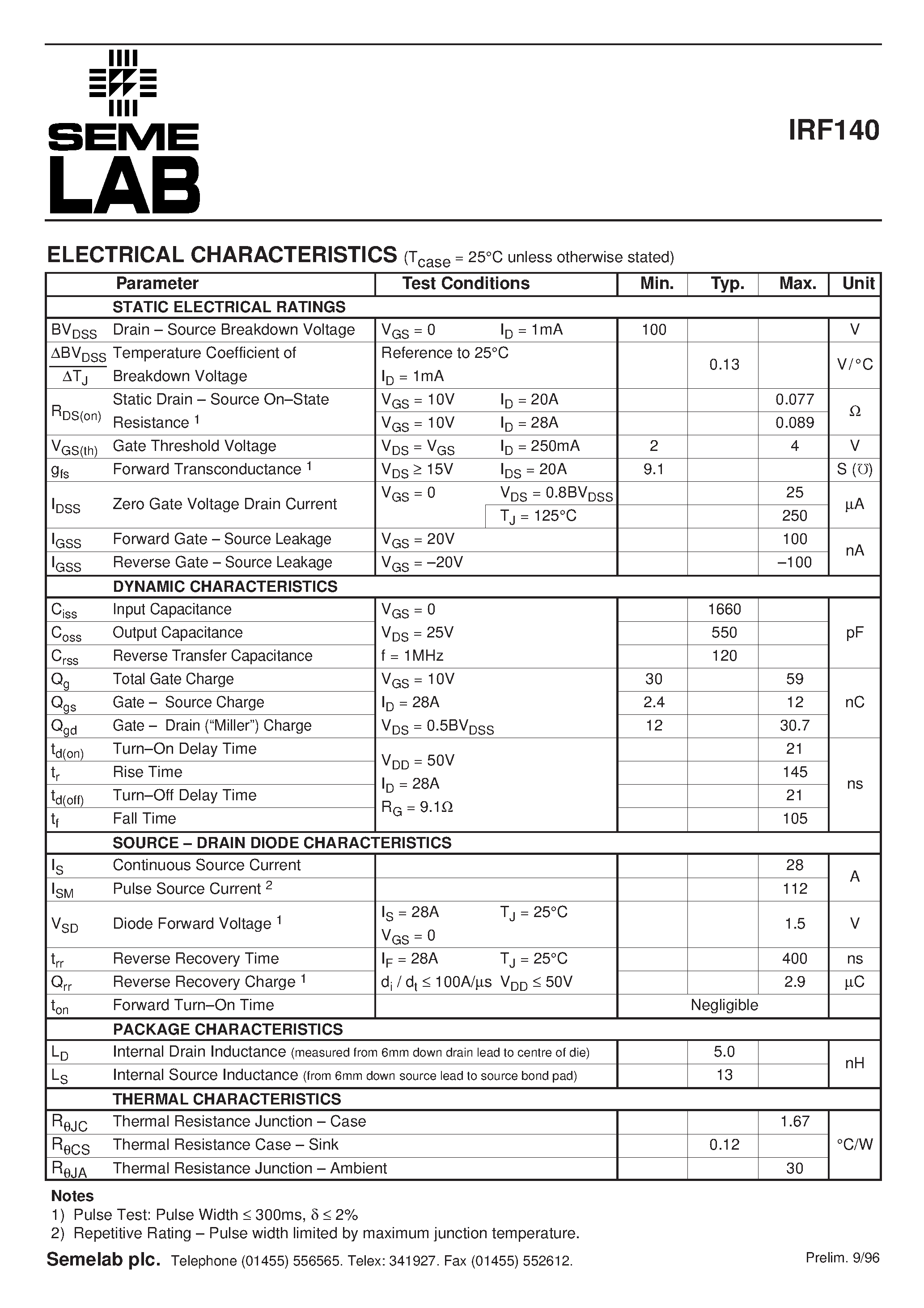 Datasheet IRF140 - N-CHANNEL POWER MOSFET page 2