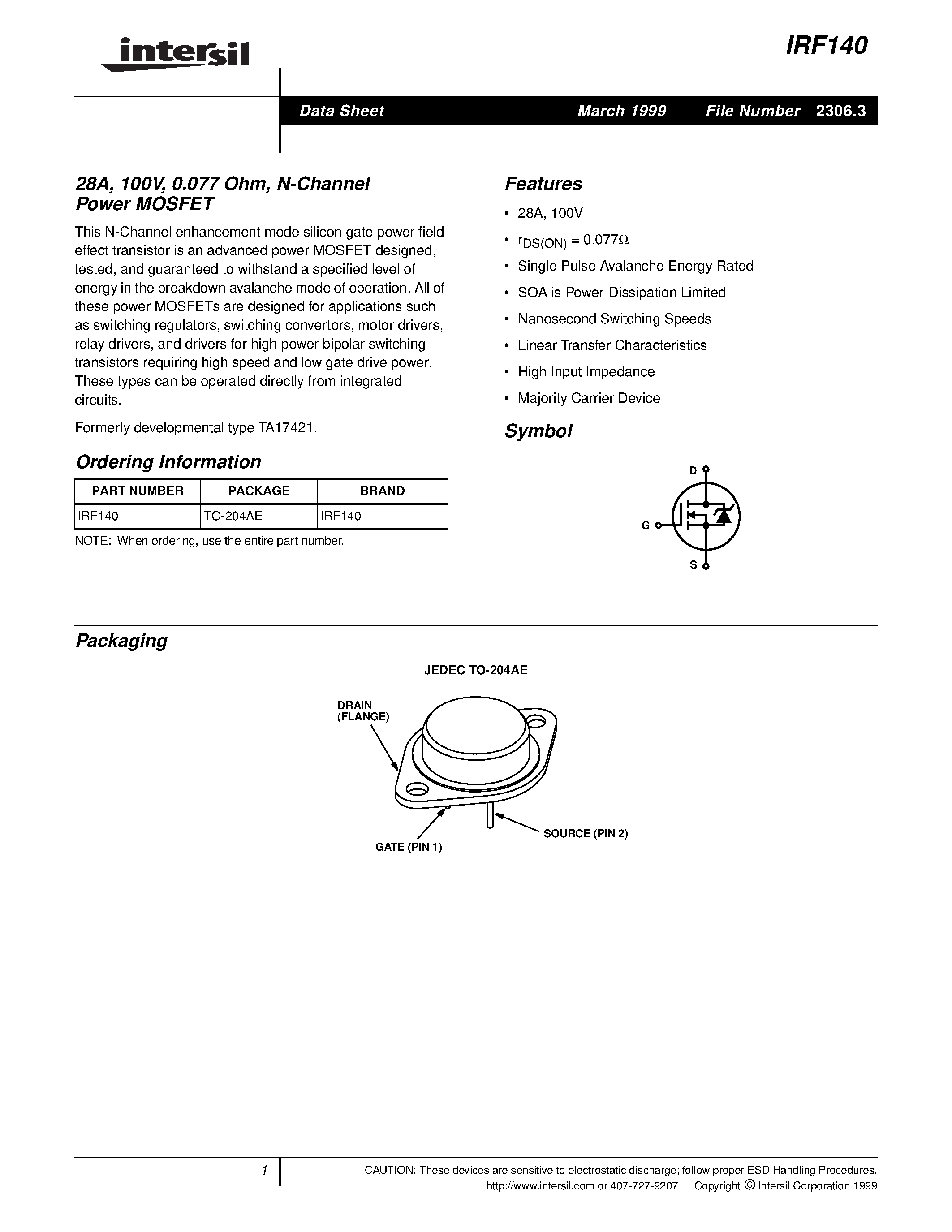 Datasheet IRF140 - 28A/ 100V/ 0.077 Ohm/ N-Channel Power MOSFET page 1