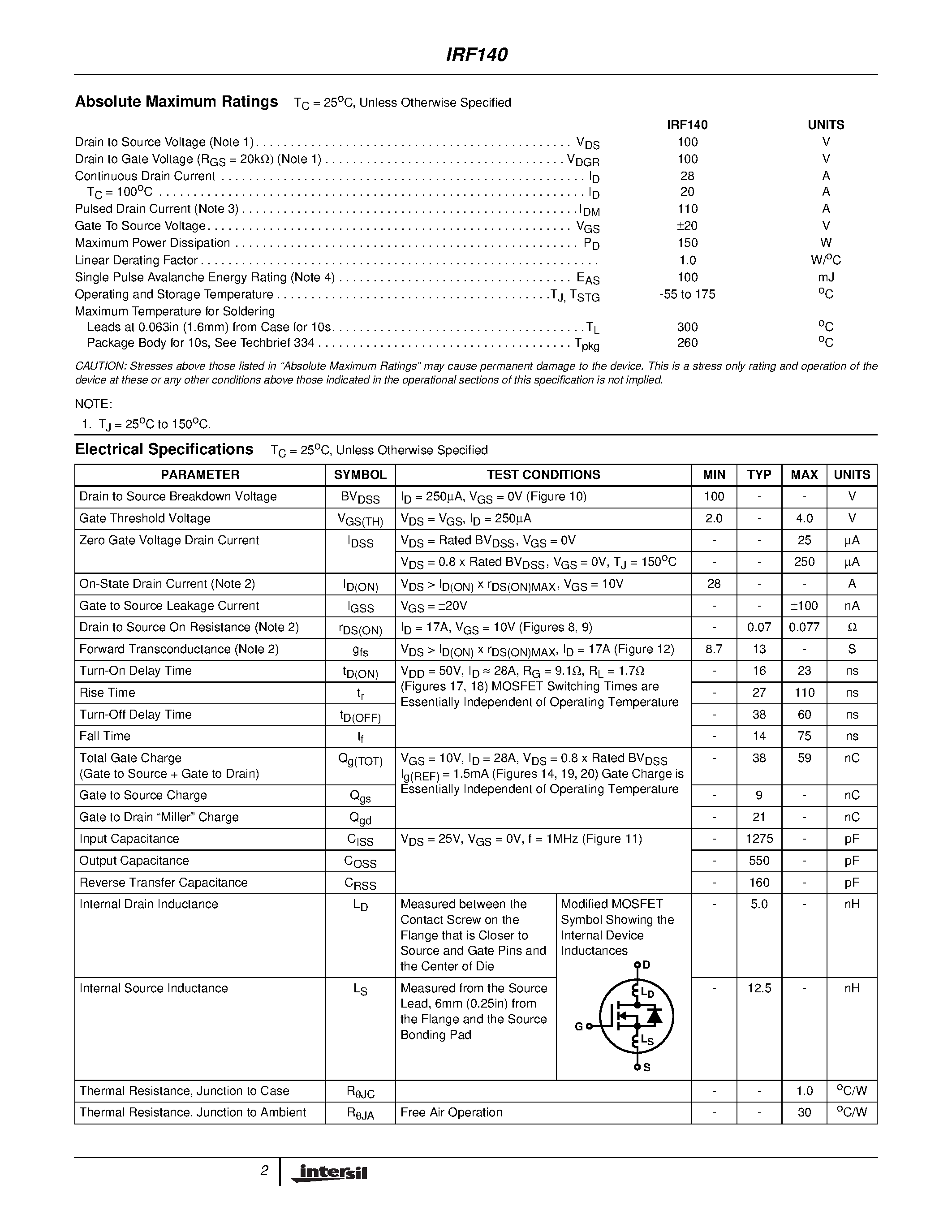 Datasheet IRF140 - 28A/ 100V/ 0.077 Ohm/ N-Channel Power MOSFET page 2