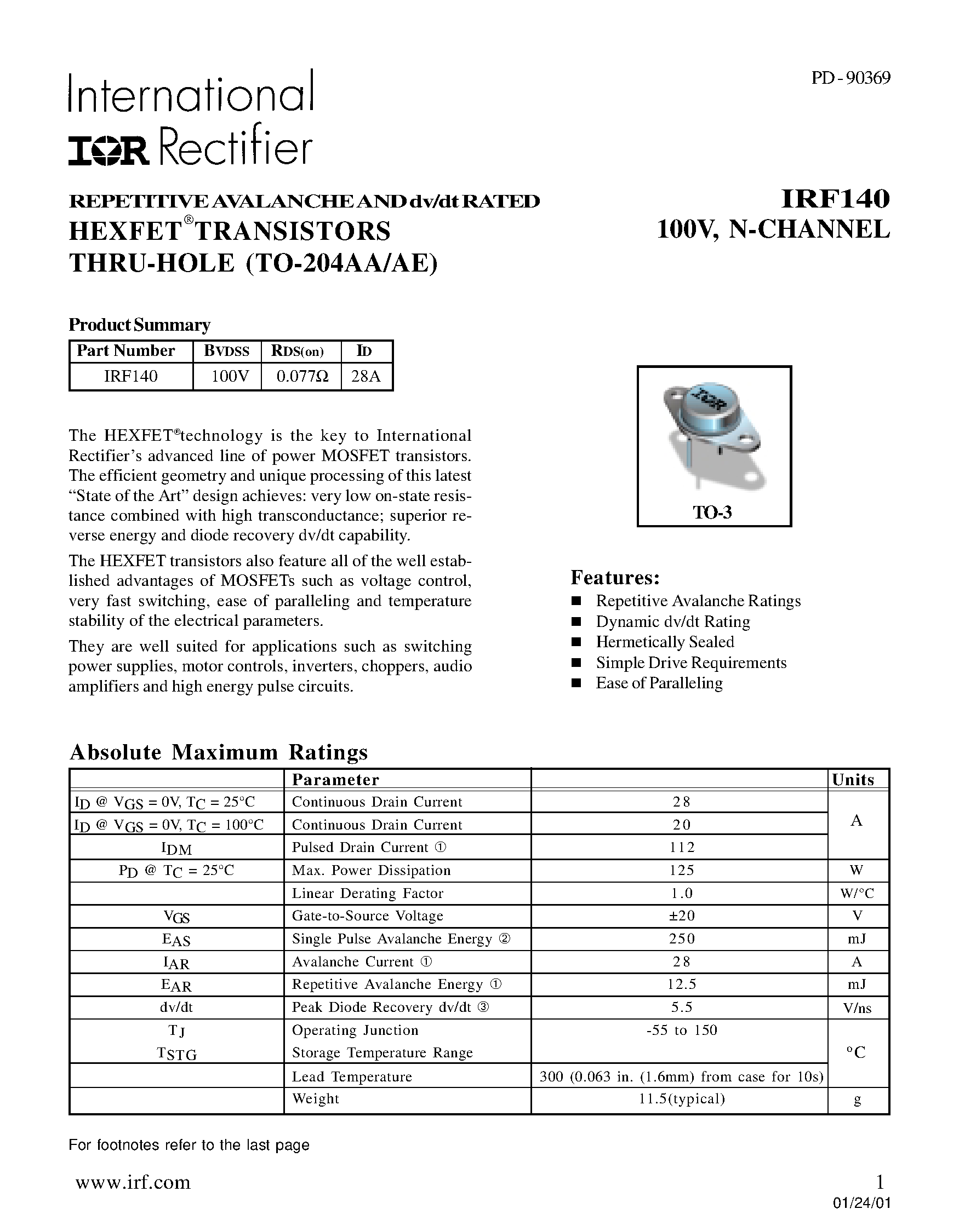 Datasheet IRF140 - TRANSISTORS N-CHANNEL(Vdss=100V/ Rds(on)=0.077ohm/ Id=28A) page 1