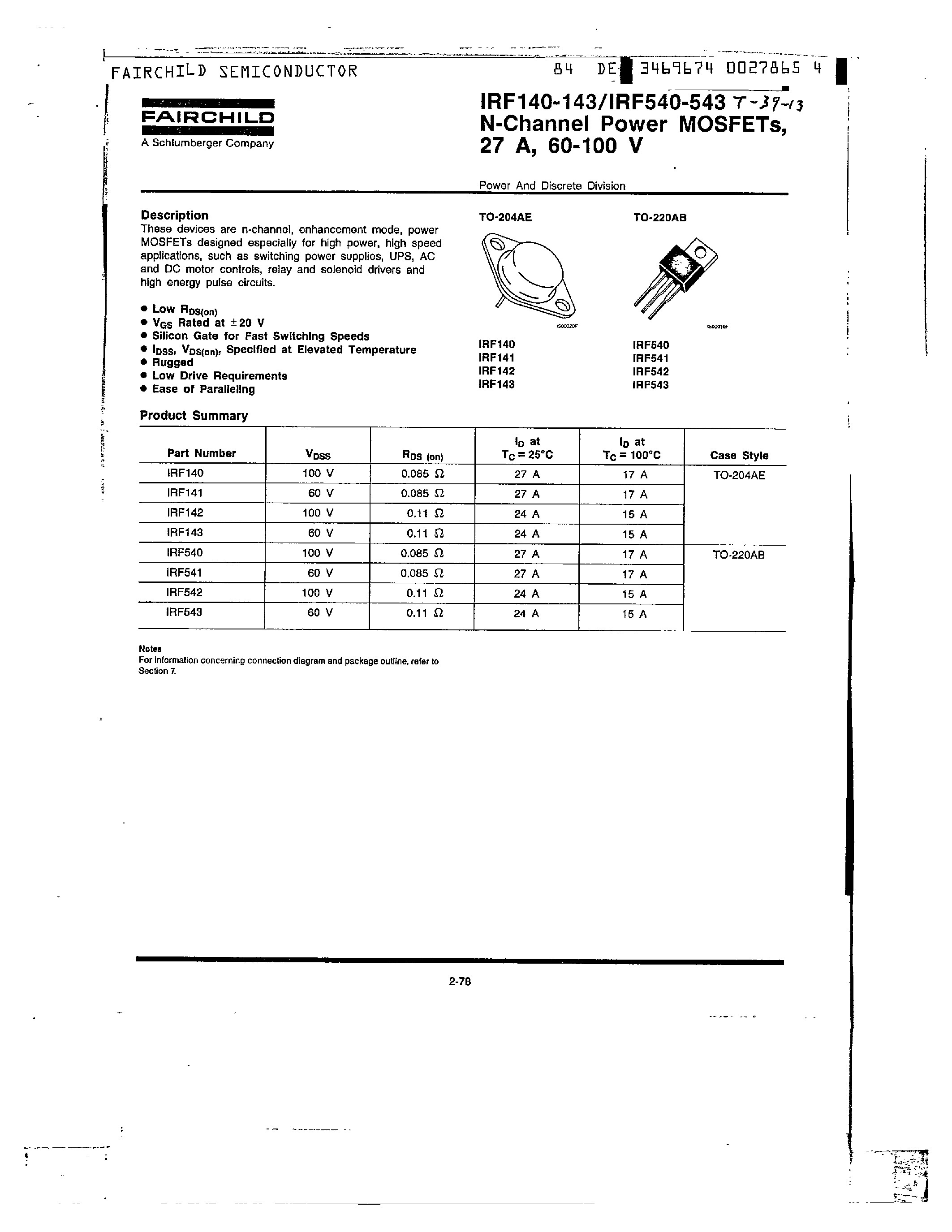 Datasheet IRF140 - N-Channel Power MOSFETs/ 27 A/ 60-100V page 1