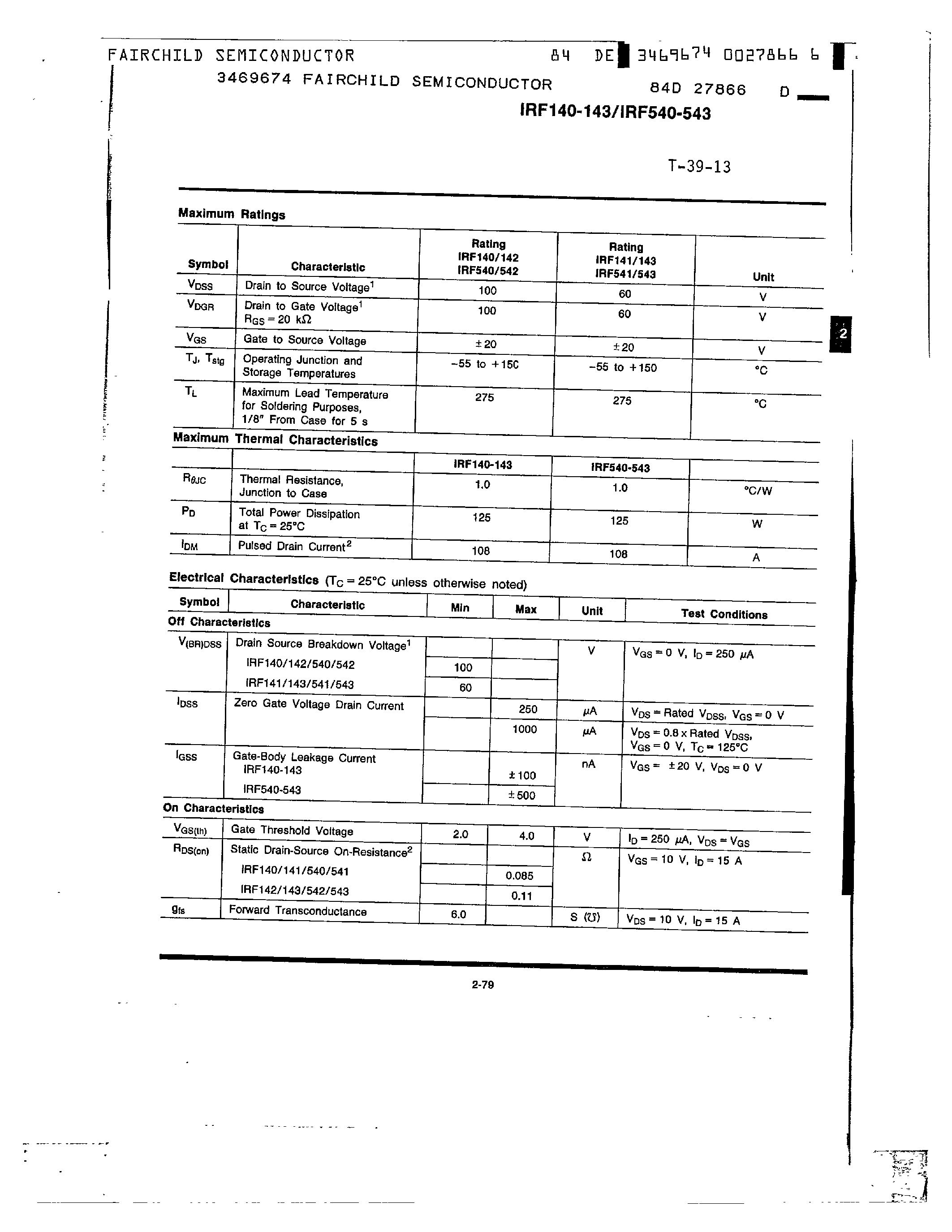 Datasheet IRF140 - N-Channel Power MOSFETs/ 27 A/ 60-100V page 2