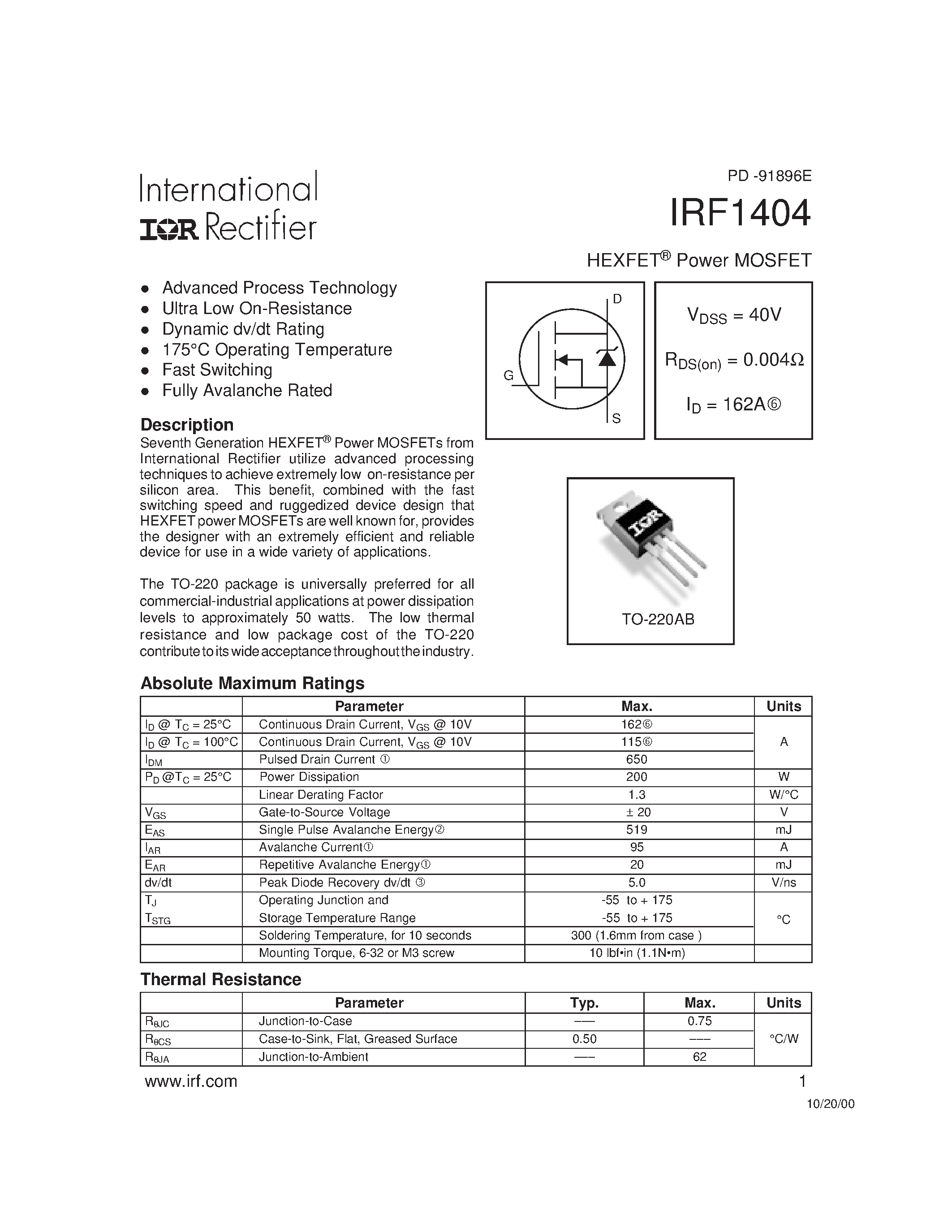 Datasheet IRF1404 - Power MOSFET(Vdss=40V/ Rds(on)=0.004ohm/ Id=162A) page 1