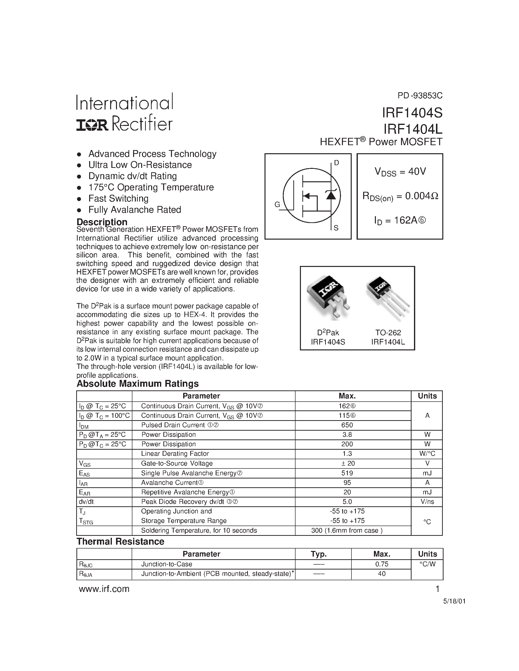 Datasheet IRF1404L - Power MOSFET(Vdss=40V/ Rds(on)=0.004ohm/ Id=162A) page 1