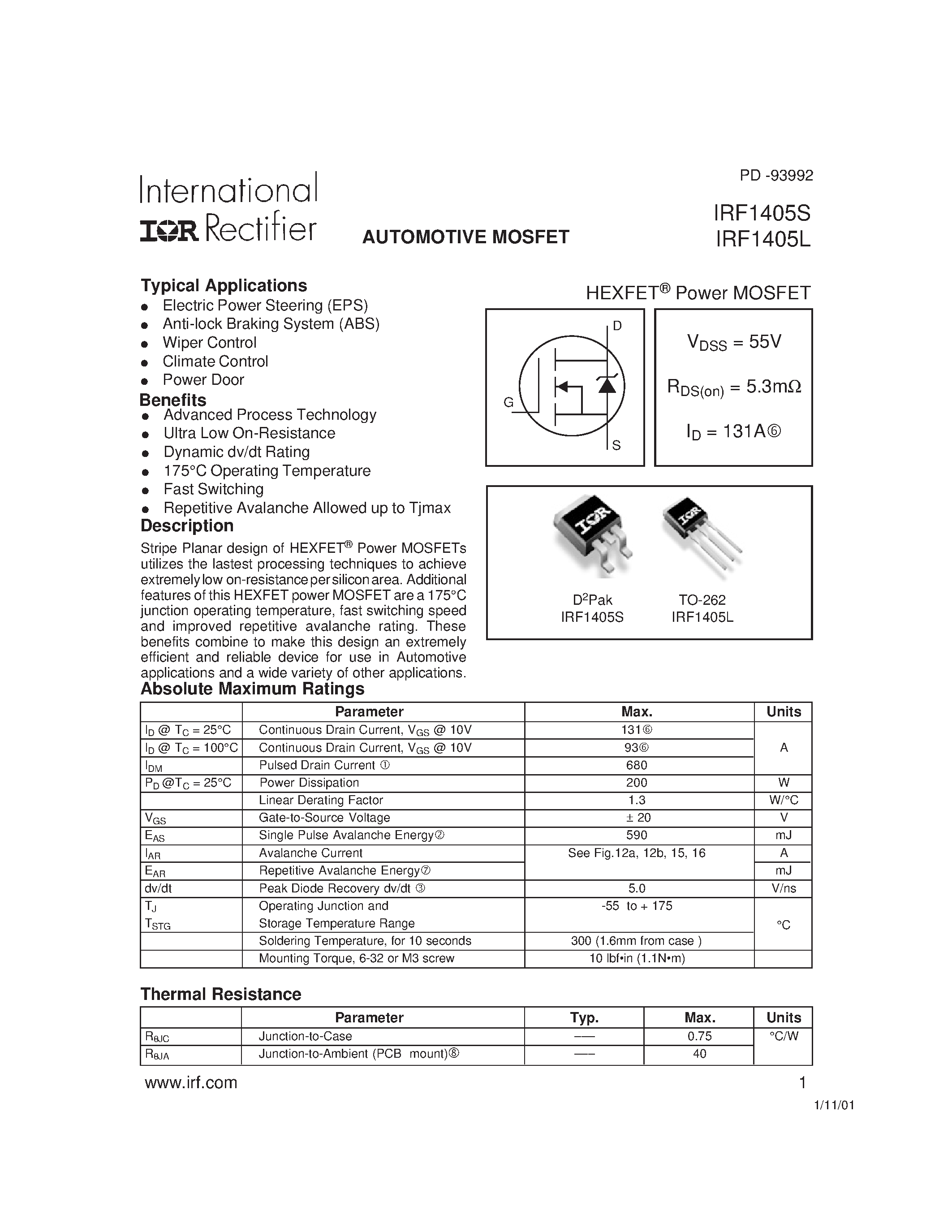 Datasheet IRF1405L - Power MOSFET(Vdss=55V/ Rds(on)=5.3mohm/ Id=131A) page 1