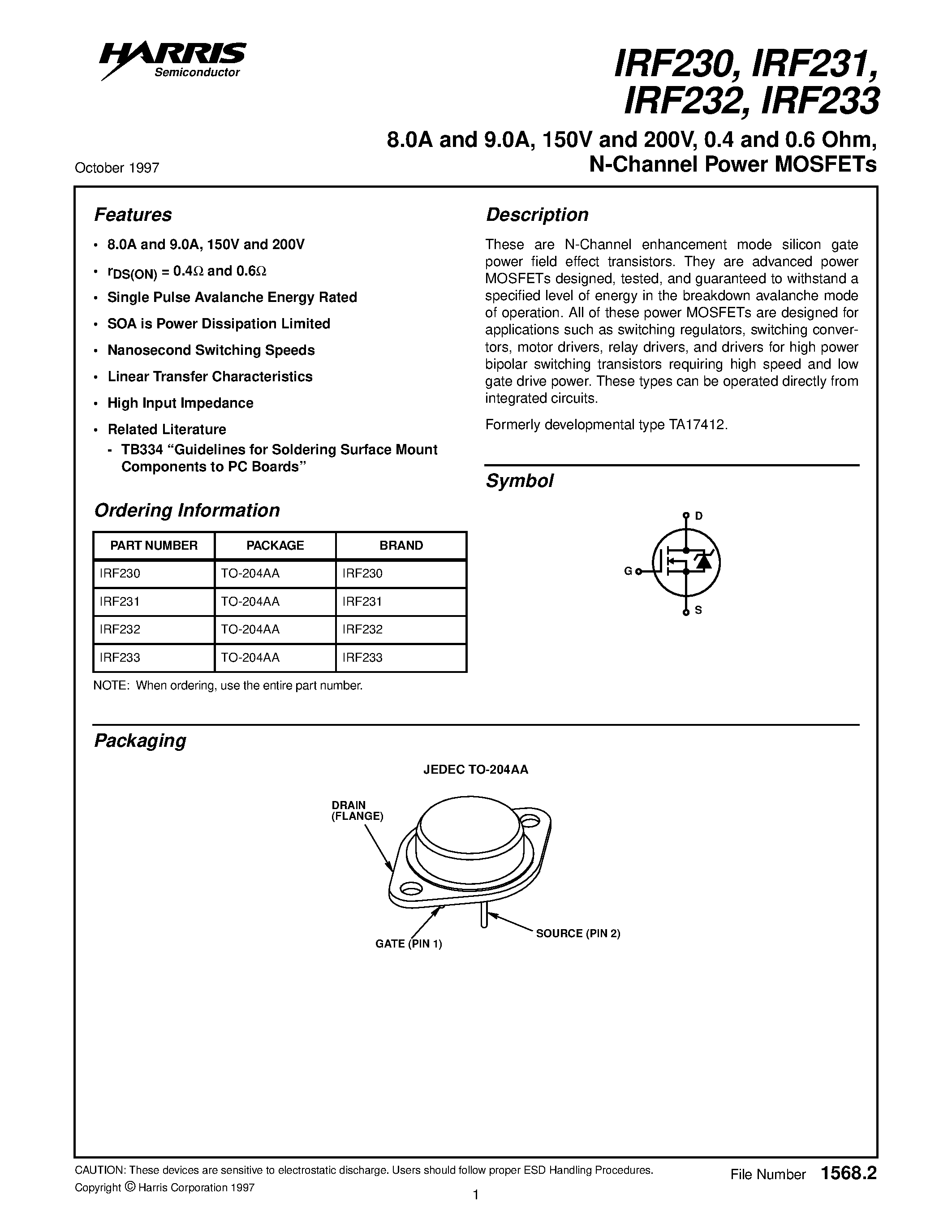 Даташит IRF230 - 8.0A and 9.0A/ 150V and 200V/ 0.4 and 0.6 Ohm/ N-Channel Power MOSFETs страница 1